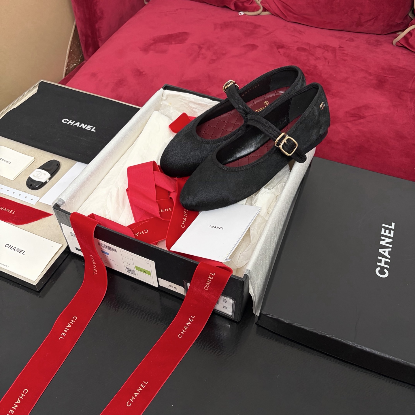 CHANEL 黑色 瑪麗珍 平底 單鞋 搭扣 織物