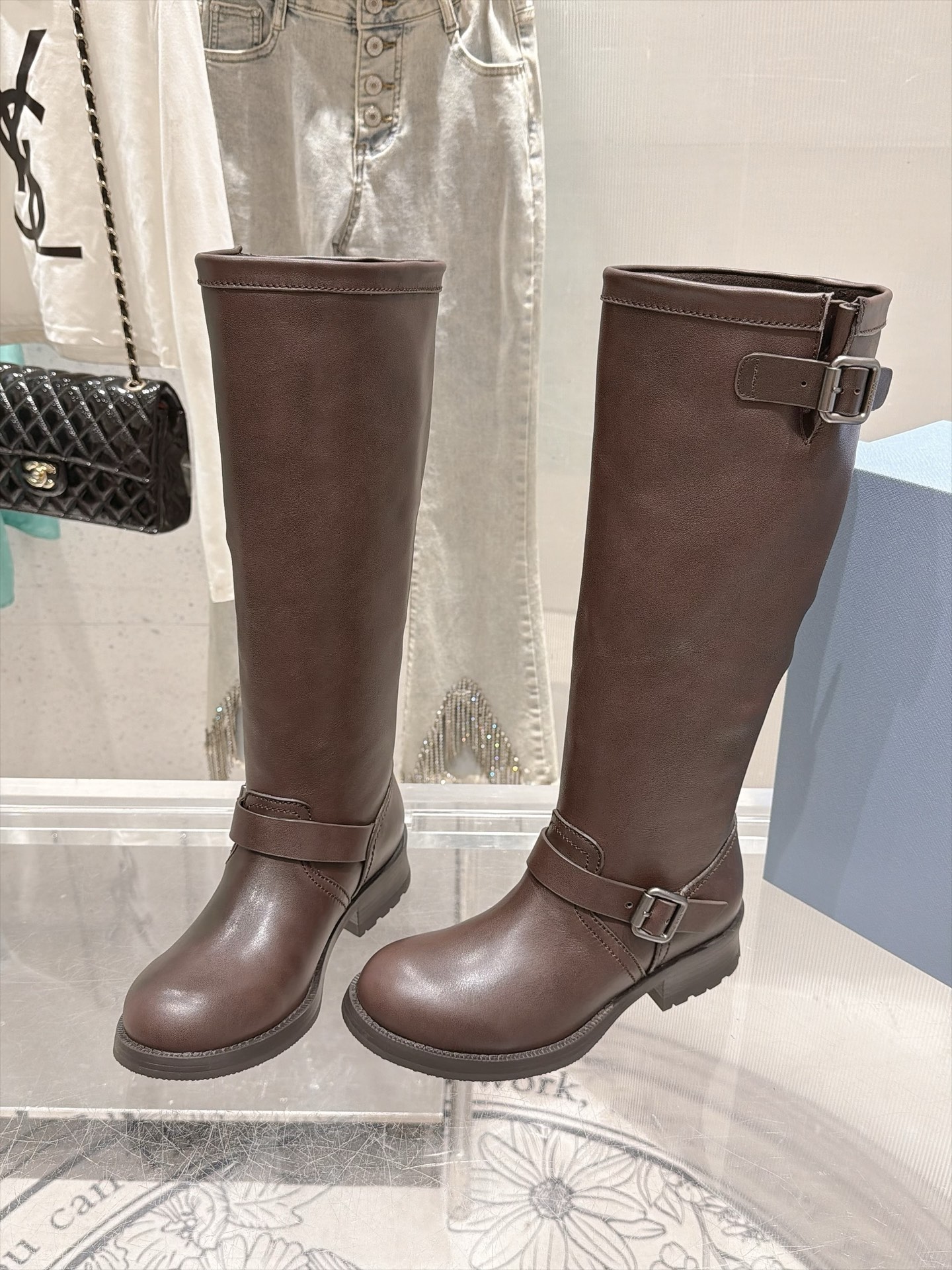 Prada Brown Double Buckle Knee High Boots