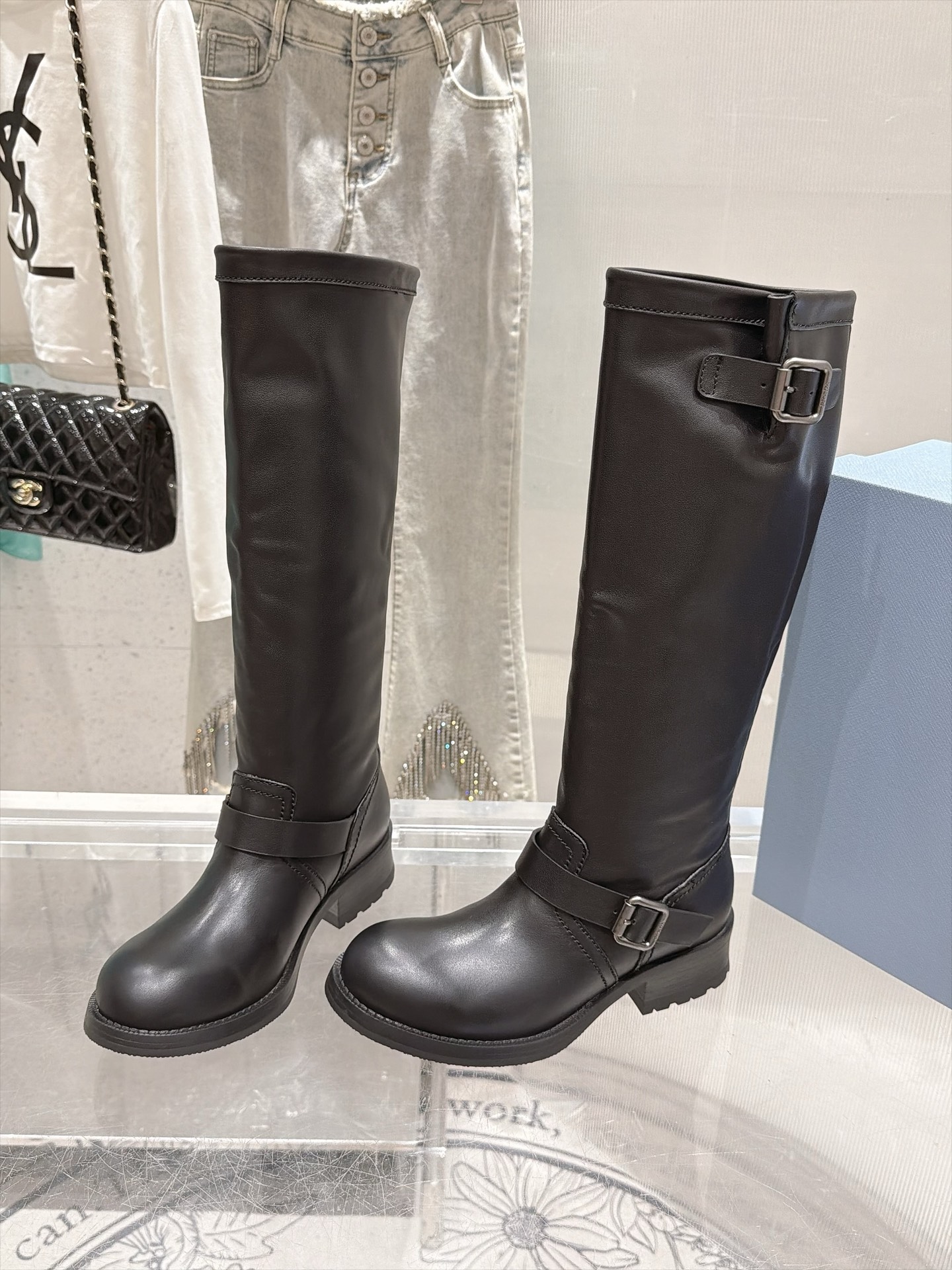 Prada Black Double Buckle Knee High Boots