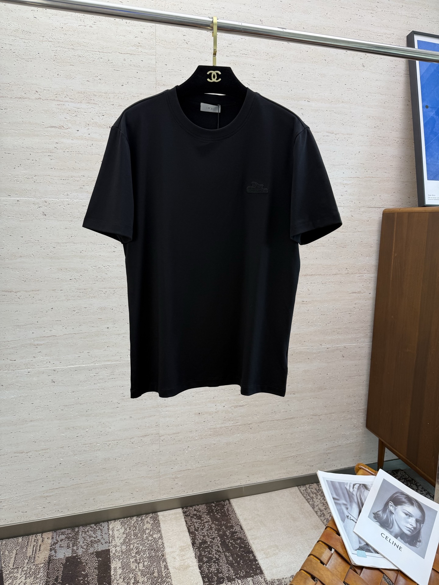 Dior Zwart Geborduurd T-shirt met Ronde Hals - Comfortabel Katoen, Maat M-3XL