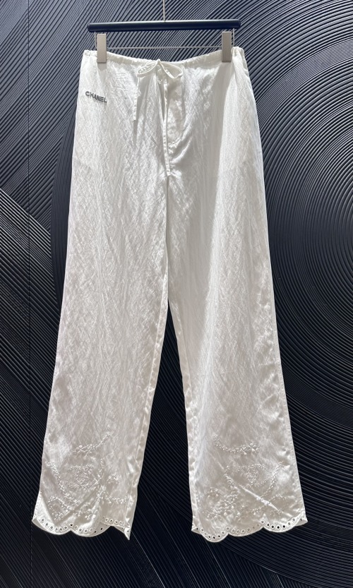 CHANEL Vintage Wide Leg Tencel Drawstring Pants with Embroidered Hem 1 CHANEL Vintage Wide Leg Tencel Drawstring Pants with Embroidered Hem