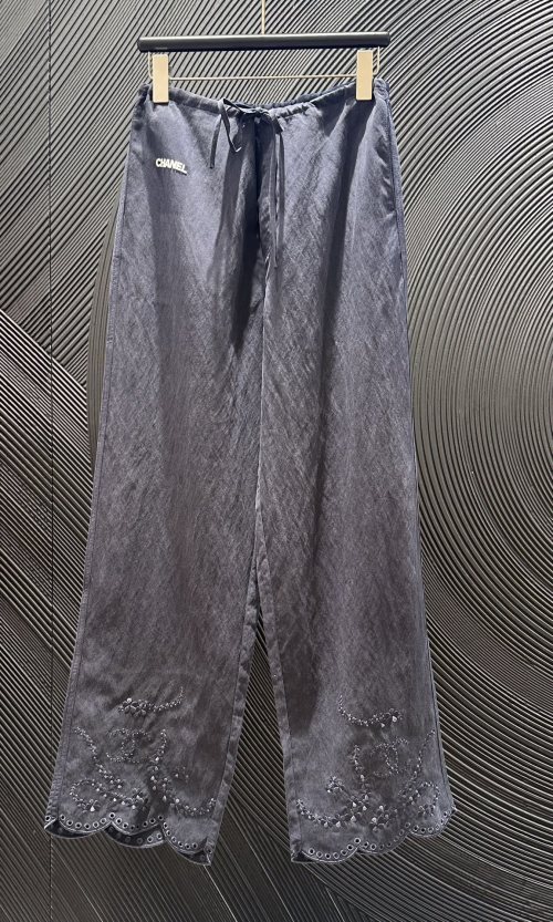 Chanel Vintage High Waist Wide Leg Pants Embroidery Hem Drawstring Tencel 1 Chanel Vintage High Waist Wide Leg Pants Embroidery Hem Drawstring Tencel