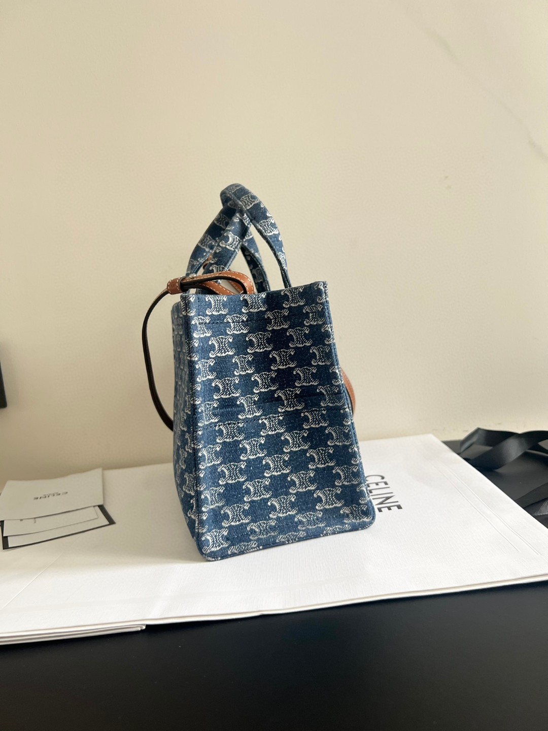 Celine genuine tote bag, original denim knitted Brown calfskin imported from Italy
