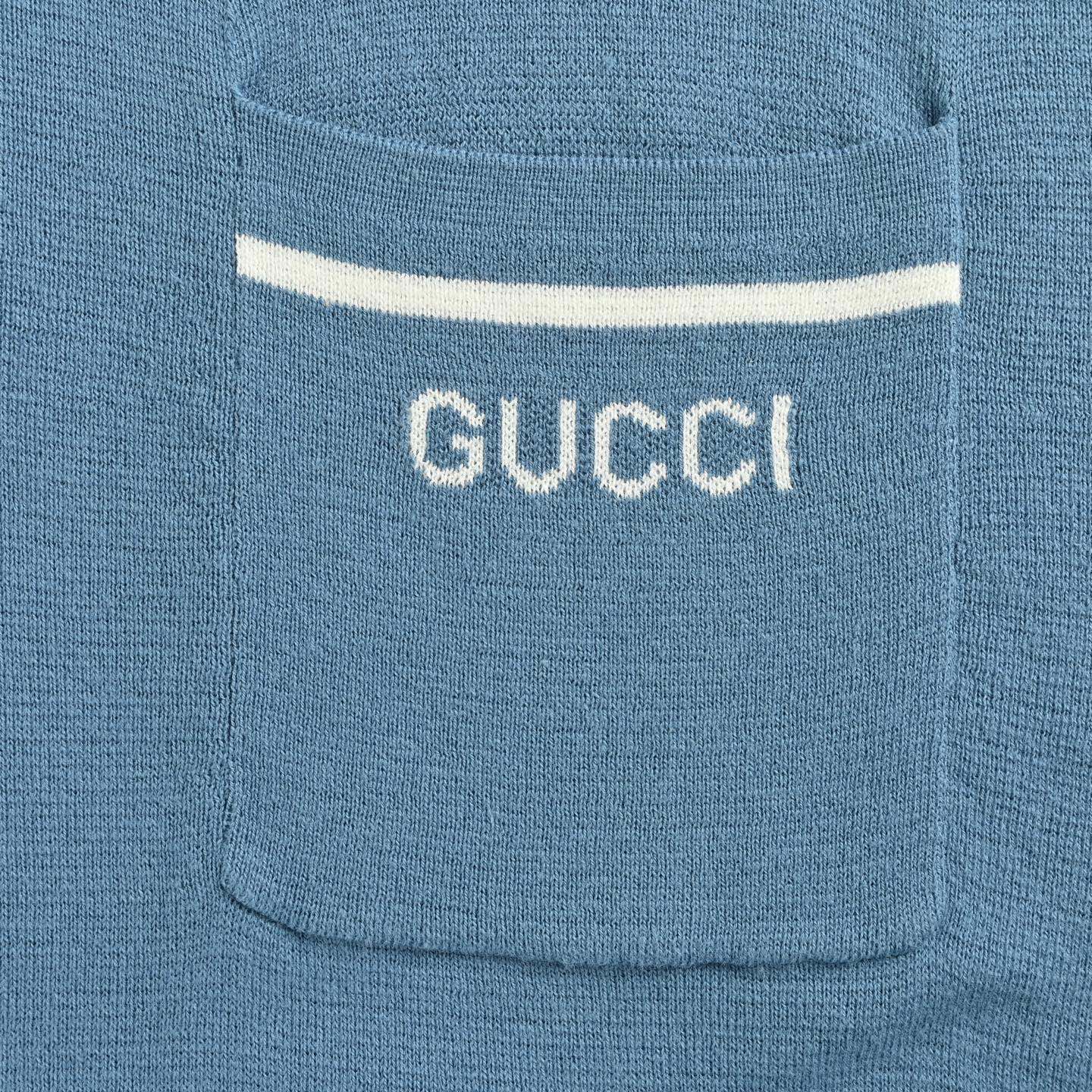 Gucci/古驰 25ss 蓝色口袋提花针织Polo短袖 Polo衫以浅蓝色羊毛山羊绒