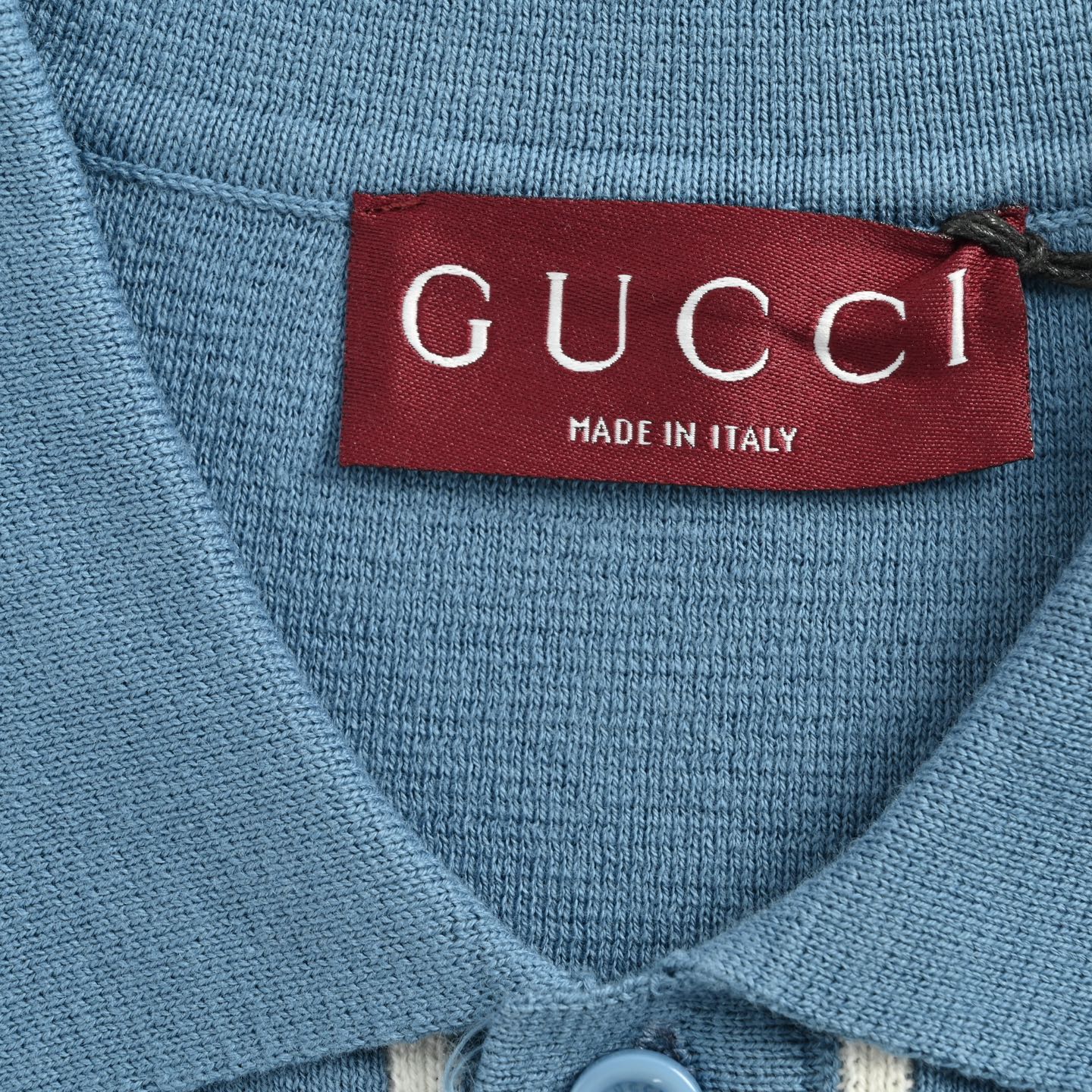 Gucci/古驰 25ss 蓝色口袋提花针织Polo短袖 Polo衫以浅蓝色羊毛山羊绒