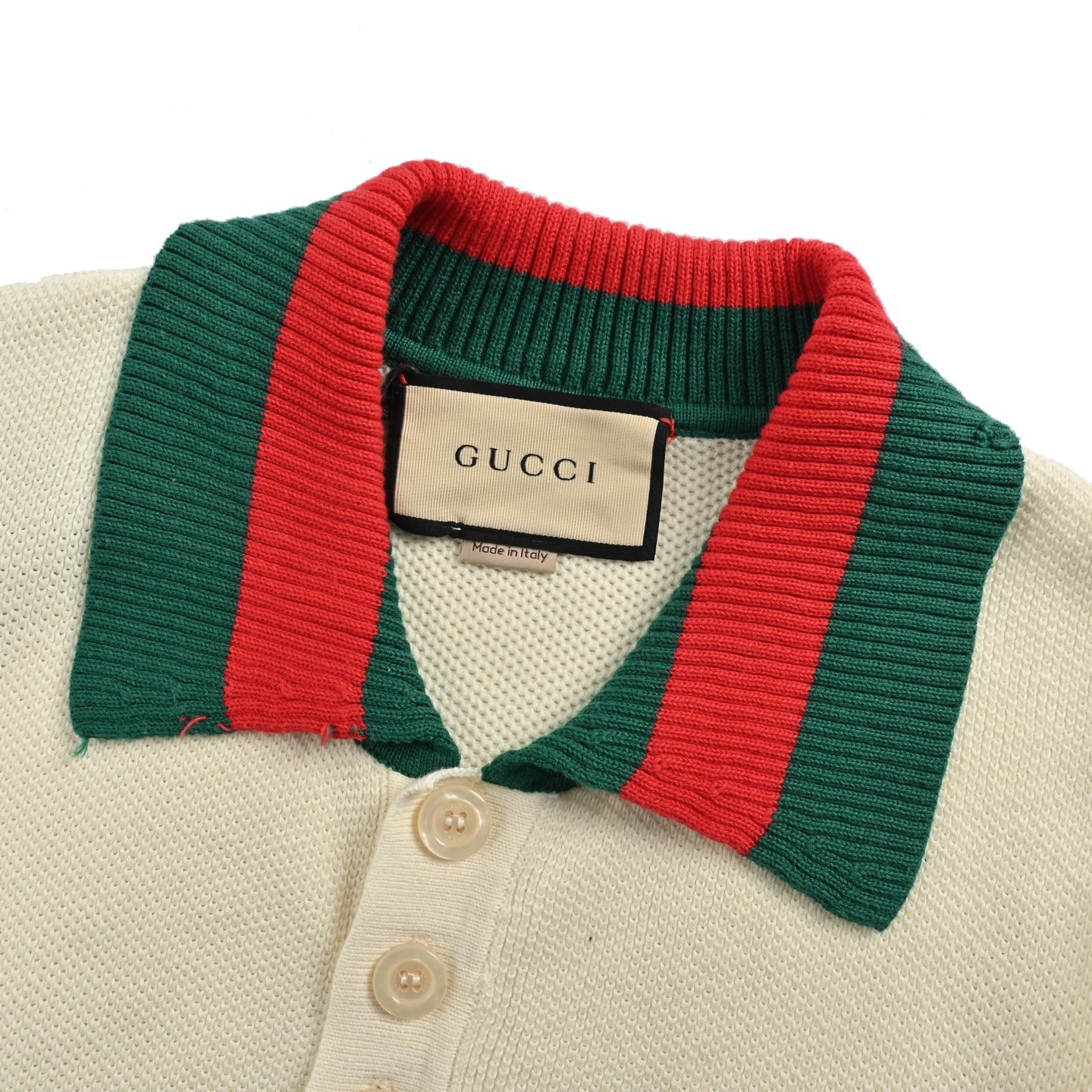 Gucci/古驰 胸口双G刺绣拼接Polo针织短袖 象牙白色针织棉 红蓝嵌花 互扣式双G刺绣贴饰