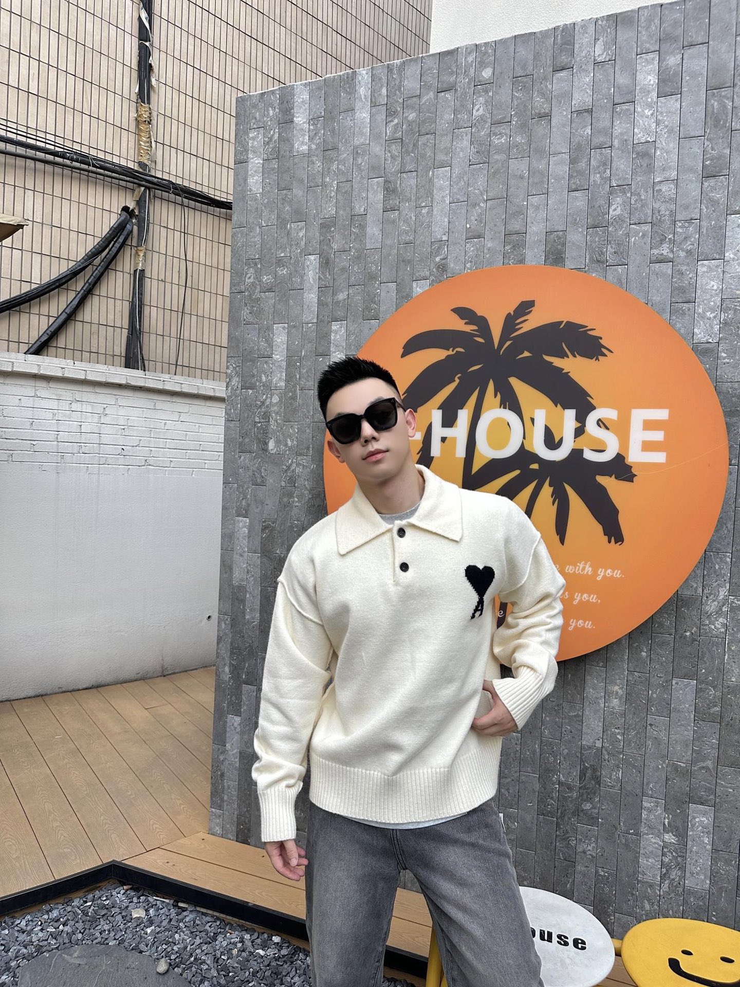 Ami Paris 爱心提花针织翻领Polo毛衣上身效果#