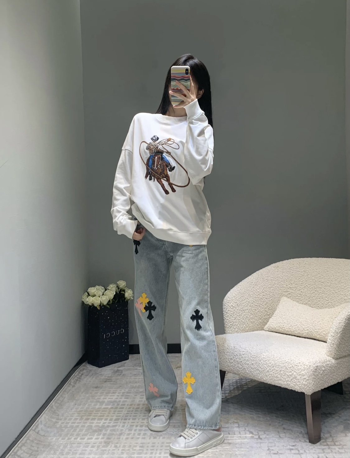 #Louis Vuitton/路易威登 24Fw 西部牛仔重工刺绣圆领卫衣上身效果