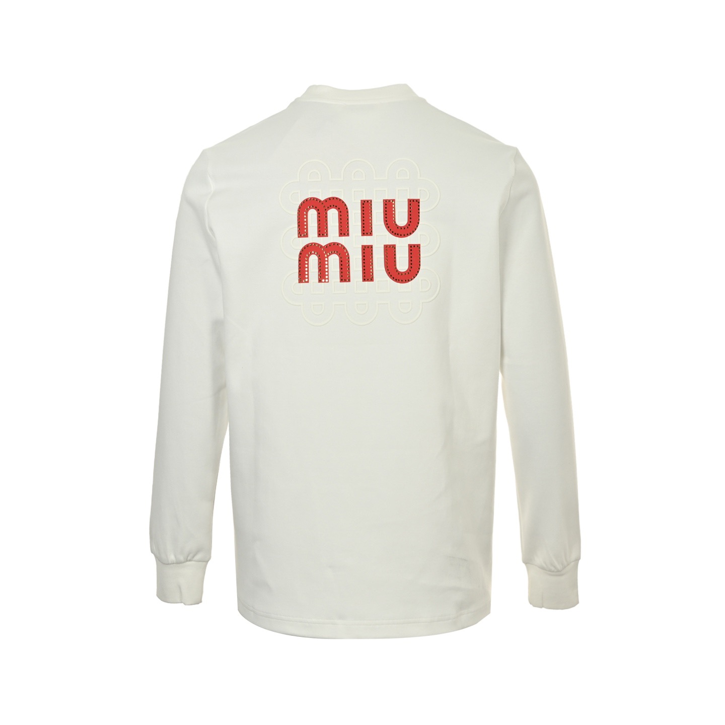 Miu Miu/缪缪 后背大logo发泡贴皮刺绣长袖T恤 定织定染 水洗柔滑长绒棉 黑色 白色