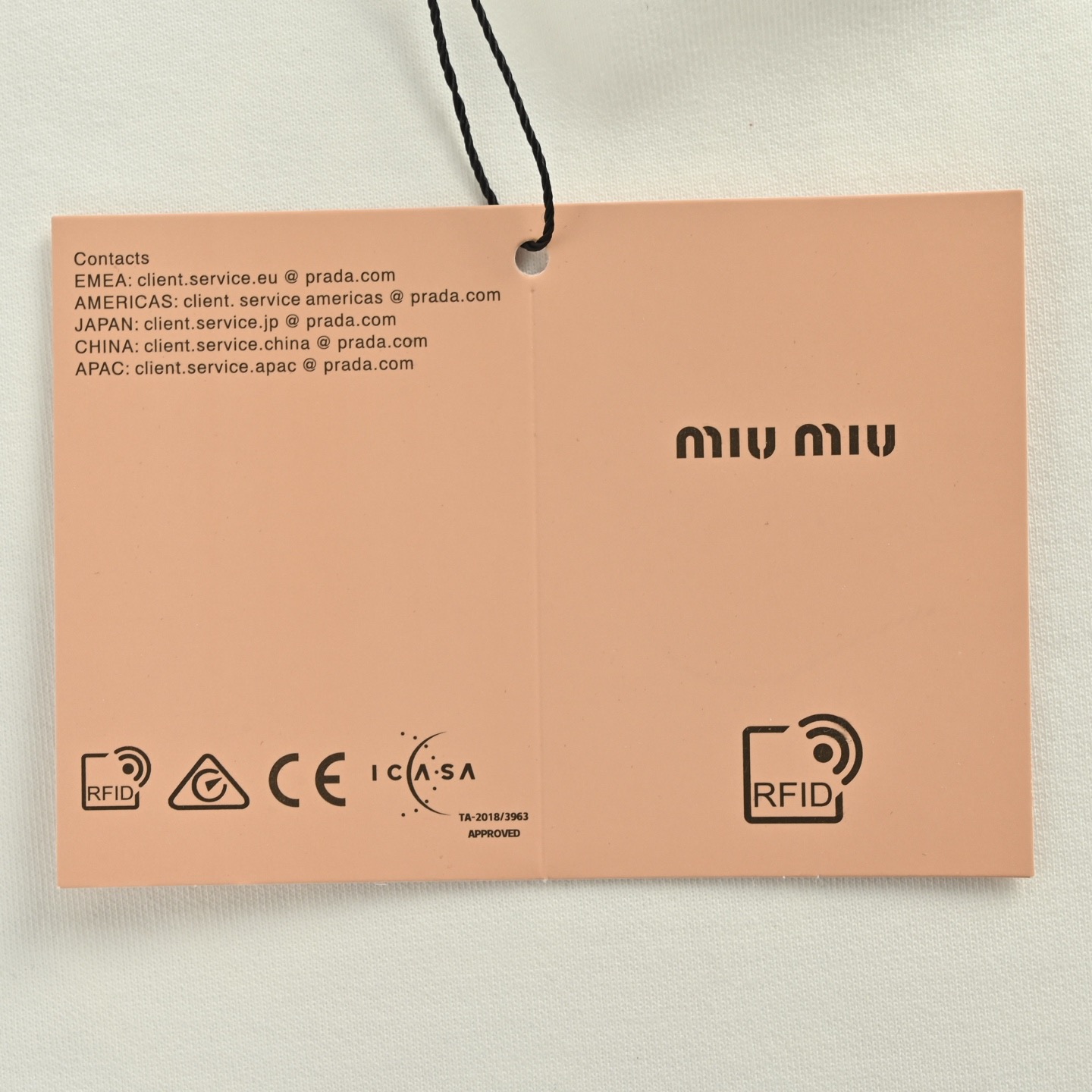 Miu Miu/缪缪 后背大logo发泡贴皮刺绣长袖T恤 定织定染 水洗柔滑长绒棉 黑色 白色