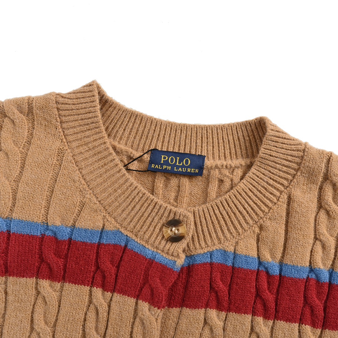 Ralph Lauren/拉夫劳伦 经典女款绞花条纹圆领针织毛衣开衫 焦糖彩虹