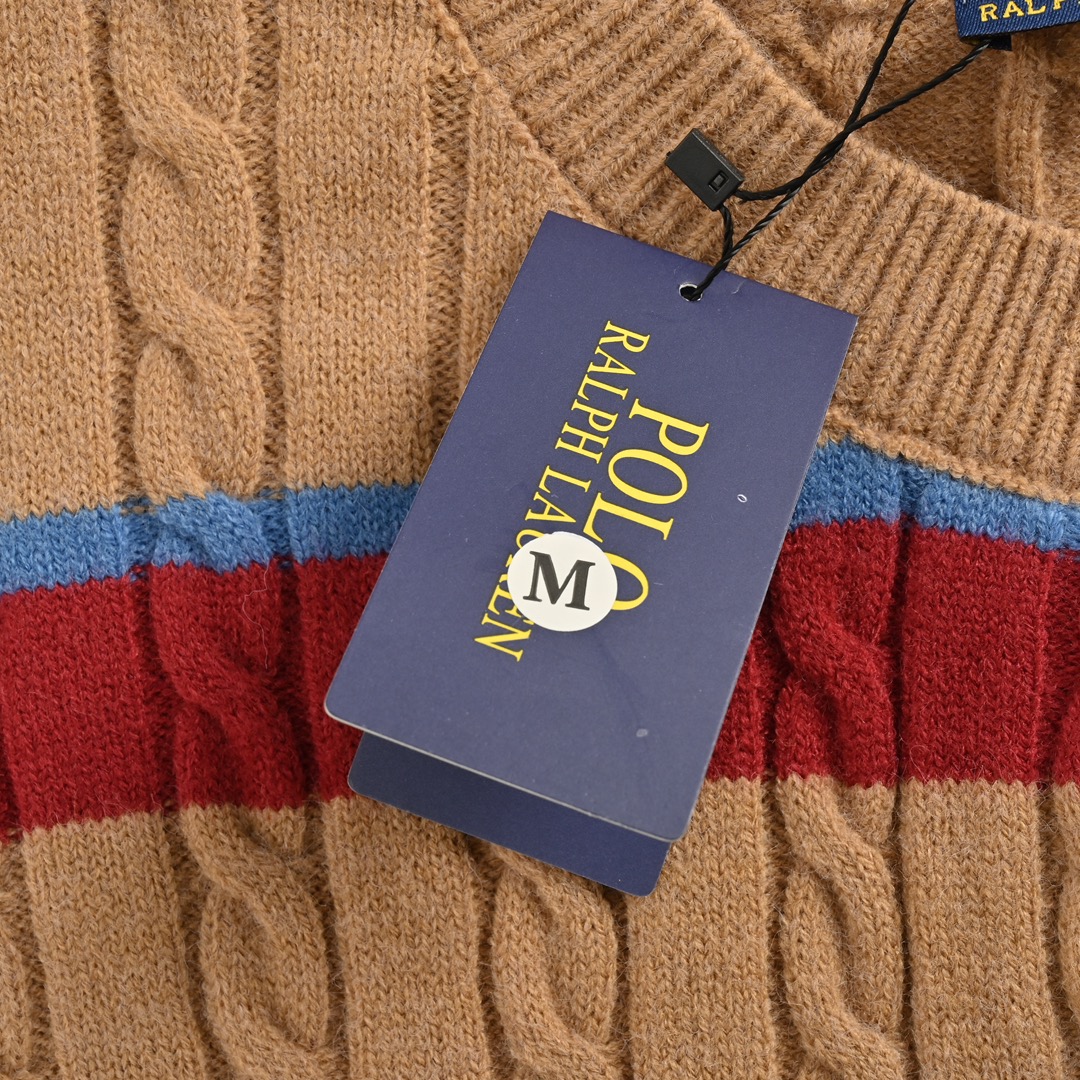 Ralph Lauren/拉夫劳伦 经典女款绞花条纹圆领针织毛衣开衫 焦糖彩虹