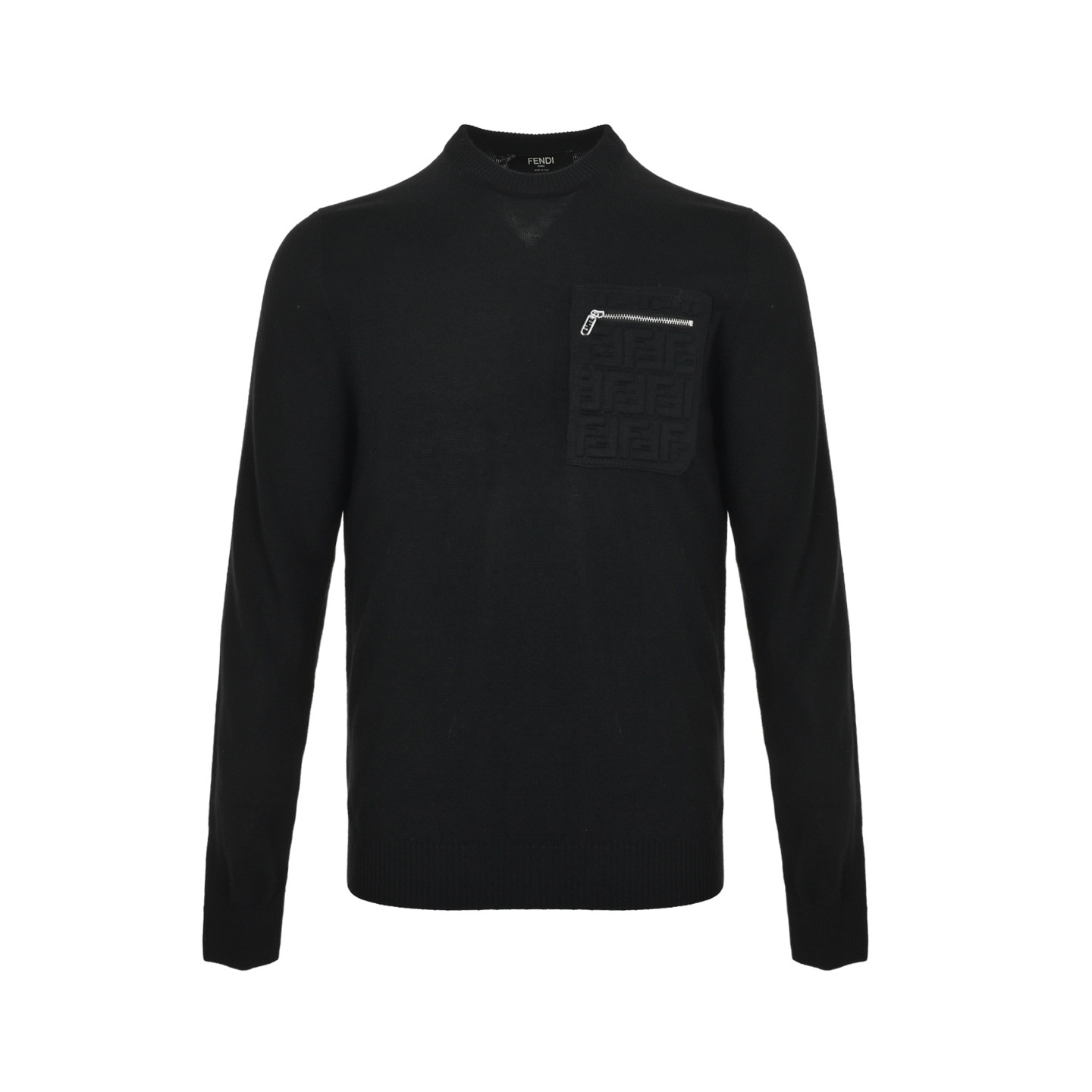 本地自取：💰260
Fendi/芬迪 25FF 口袋FF压花浮雕毛衣
Fendi这款黑色羊毛混纺毛衣，柔软亲肤，穿着超舒服!胸前FF拉链口袋设计，压花FF图案超有辨识度，时髦又百搭艹。无论单穿还是内搭都很出彩，
Size:48-54