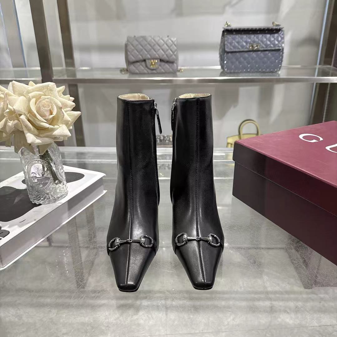 Gucci Black Leather Horsebit Stiletto Ankle Boots