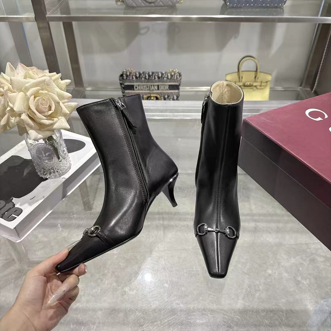 Gucci Black Leather Horsebit Stiletto Ankle Boots