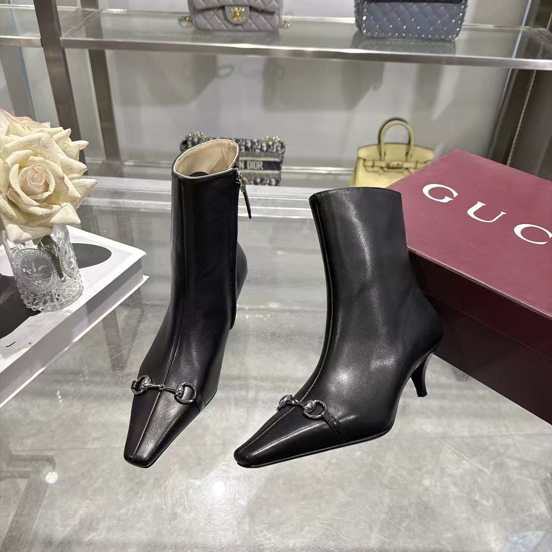Gucci Black Leather Horsebit Stiletto Ankle Boots