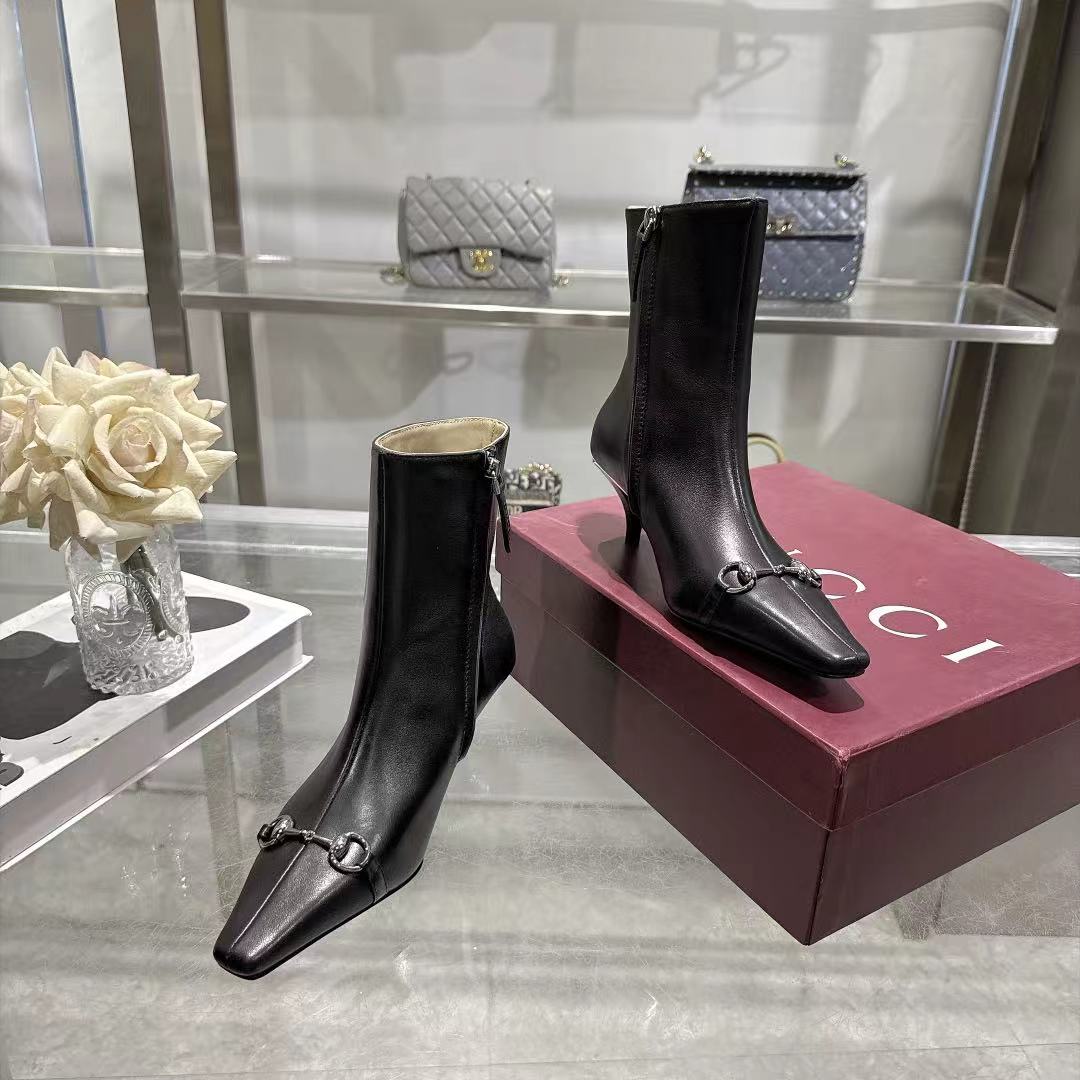 Gucci Black Leather Horsebit Stiletto Ankle Boots