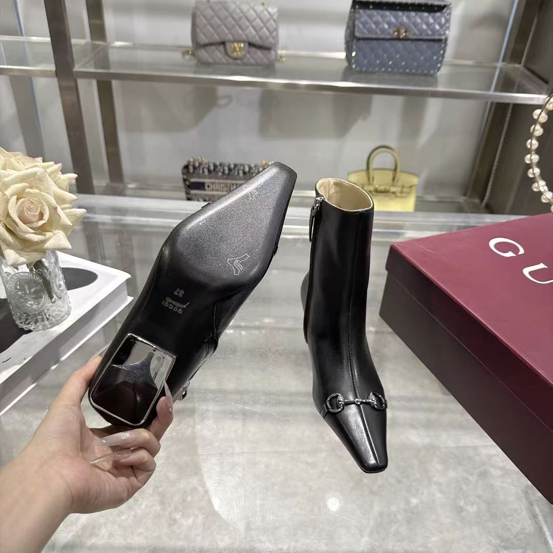Gucci Black Leather Horsebit Stiletto Ankle Boots