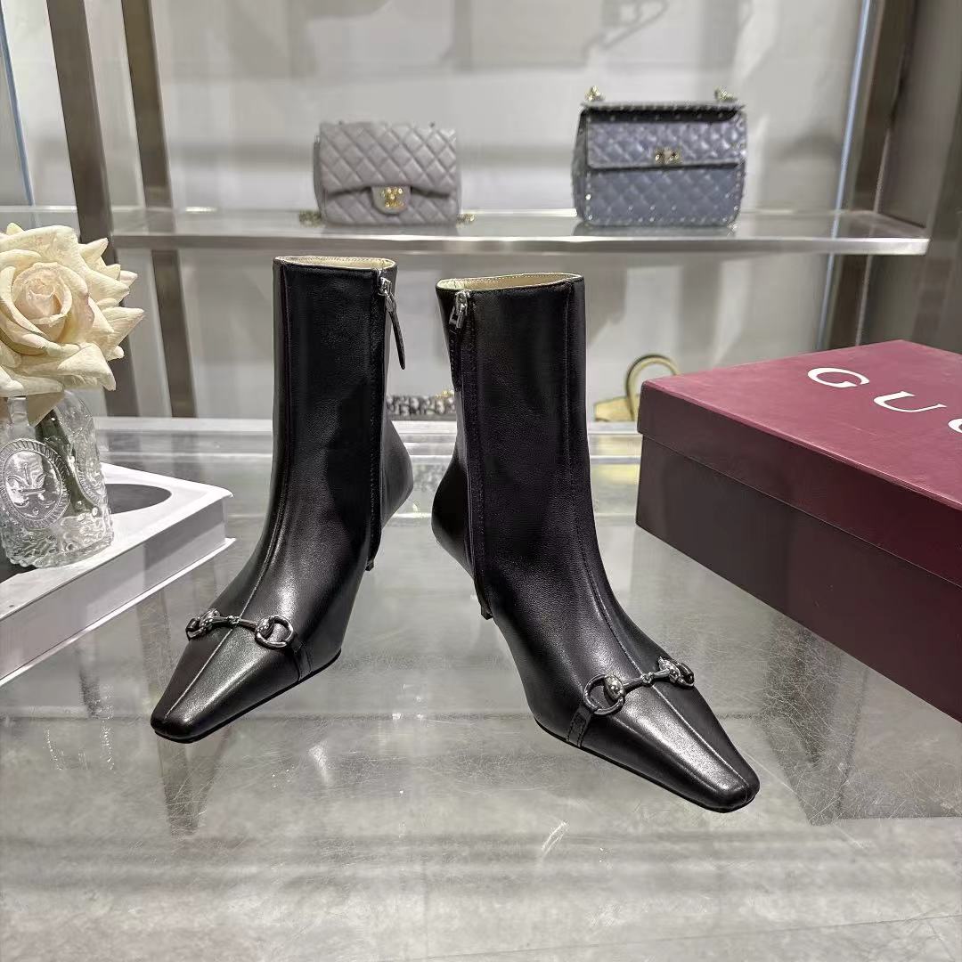 Gucci Black Leather Horsebit Stiletto Ankle Boots