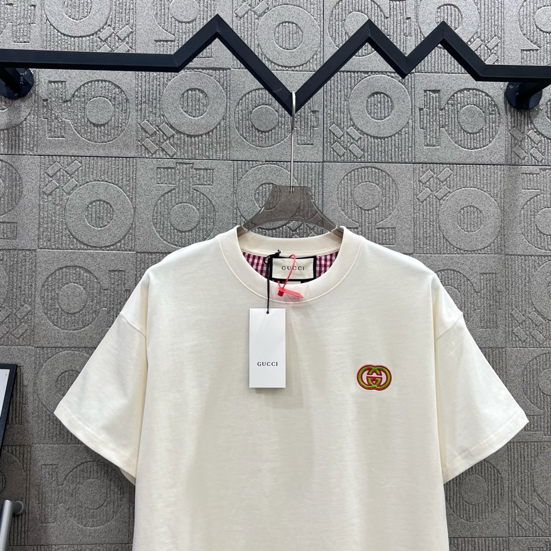 GUCCI Logo Embroidered T-Shirt – Almond, 260g Chromosome Dye, XS-L Size - 图片 3