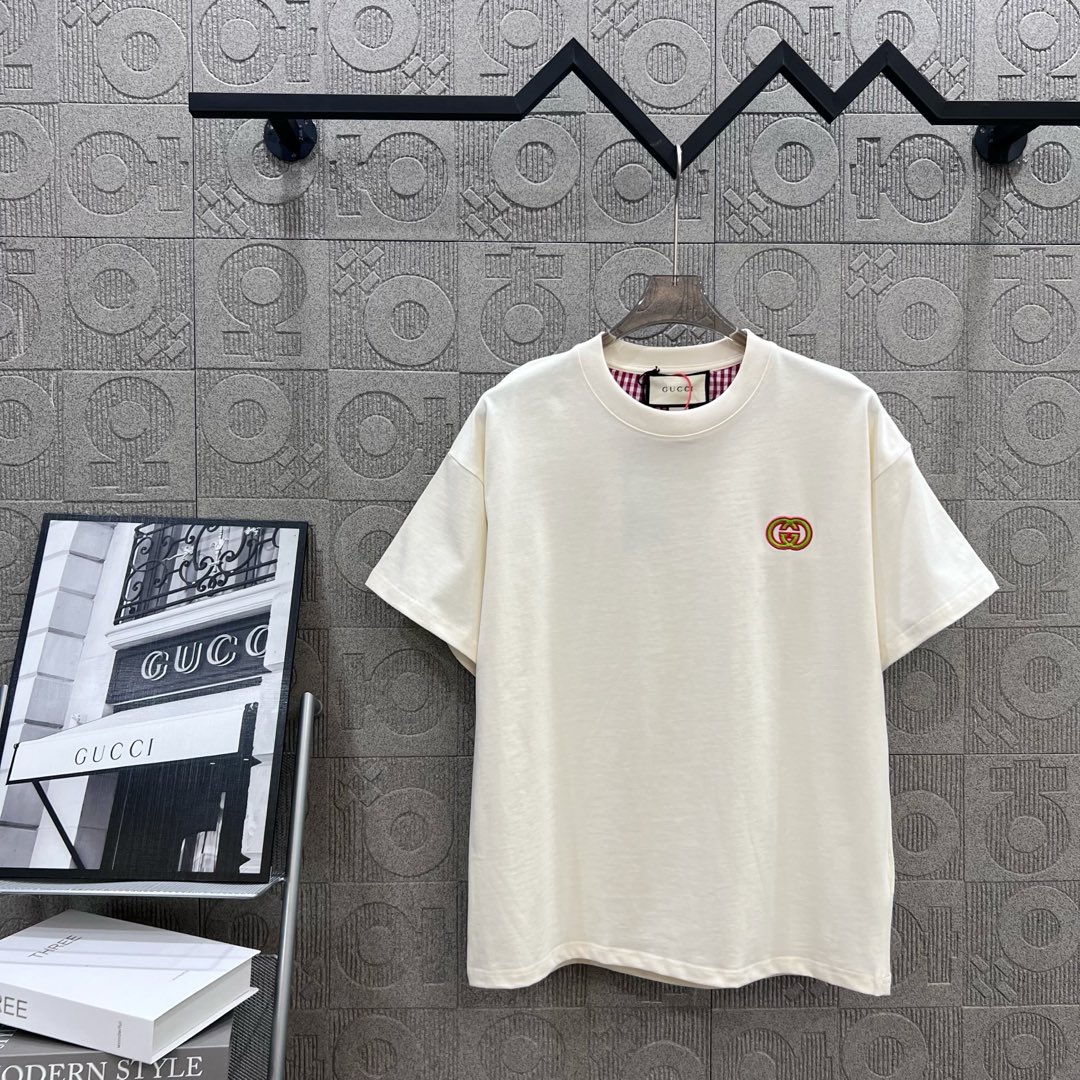 GUCCI Logo Embroidered T-Shirt – Almond, 260g Chromosome Dye, XS-L Size - 图片 1