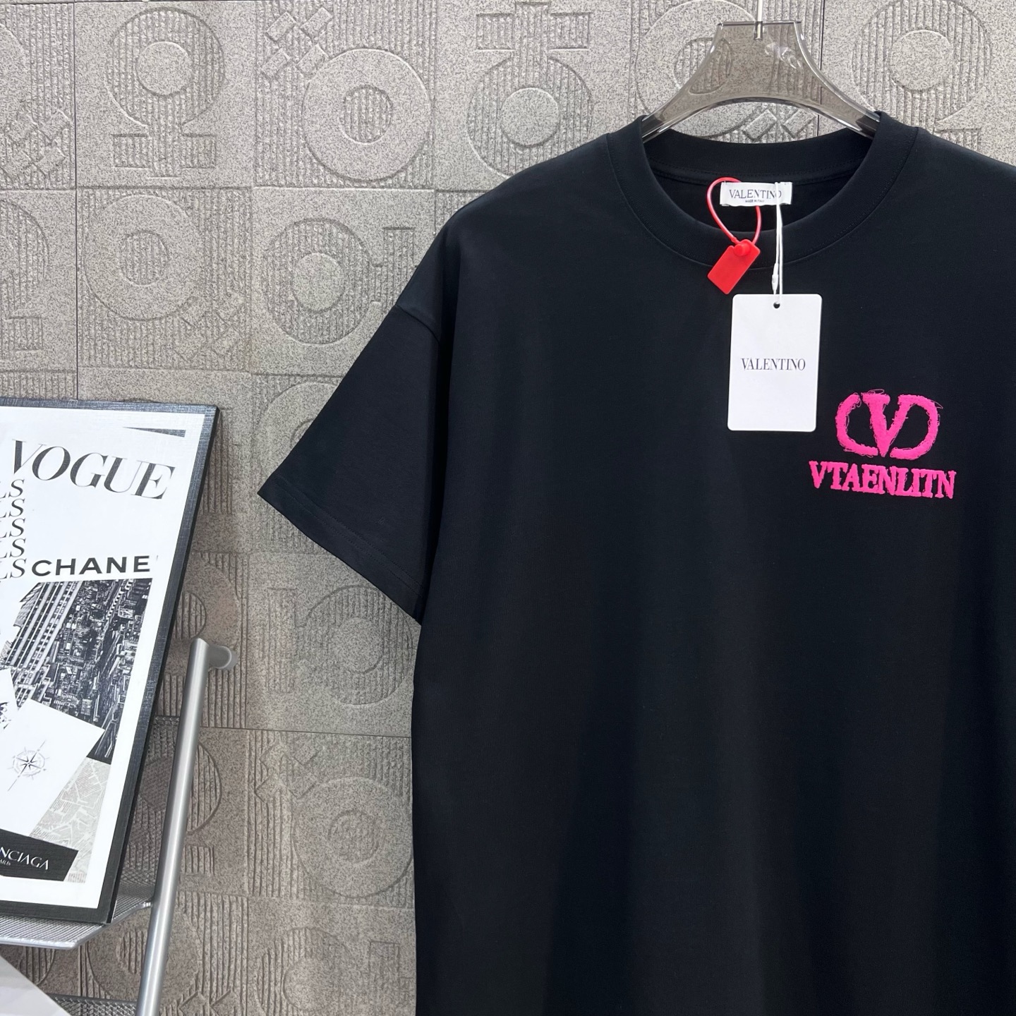 Valentino Valentno Pink Logo Short Sleeve T-Shirt 260g Chromosome Dye XS-L Black - 图片 4