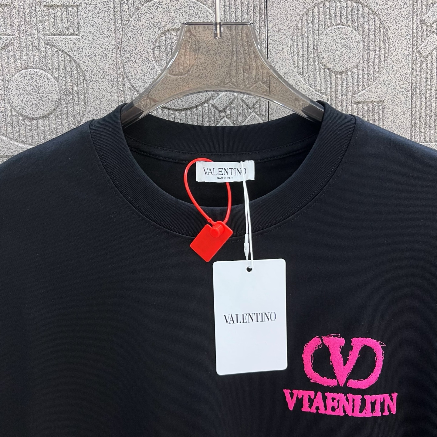Valentino Valentno Pink Logo Short Sleeve T-Shirt 260g Chromosome Dye XS-L Black - 图片 5