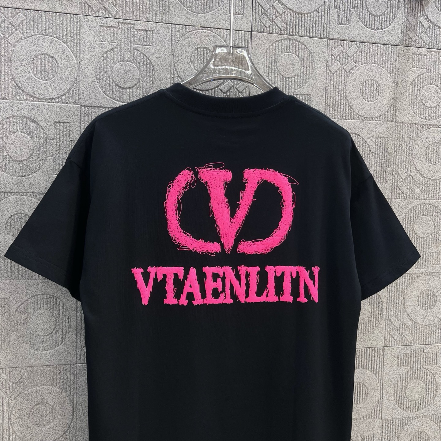 Valentino Valentno Pink Logo Short Sleeve T-Shirt 260g Chromosome Dye XS-L Black - 图片 6
