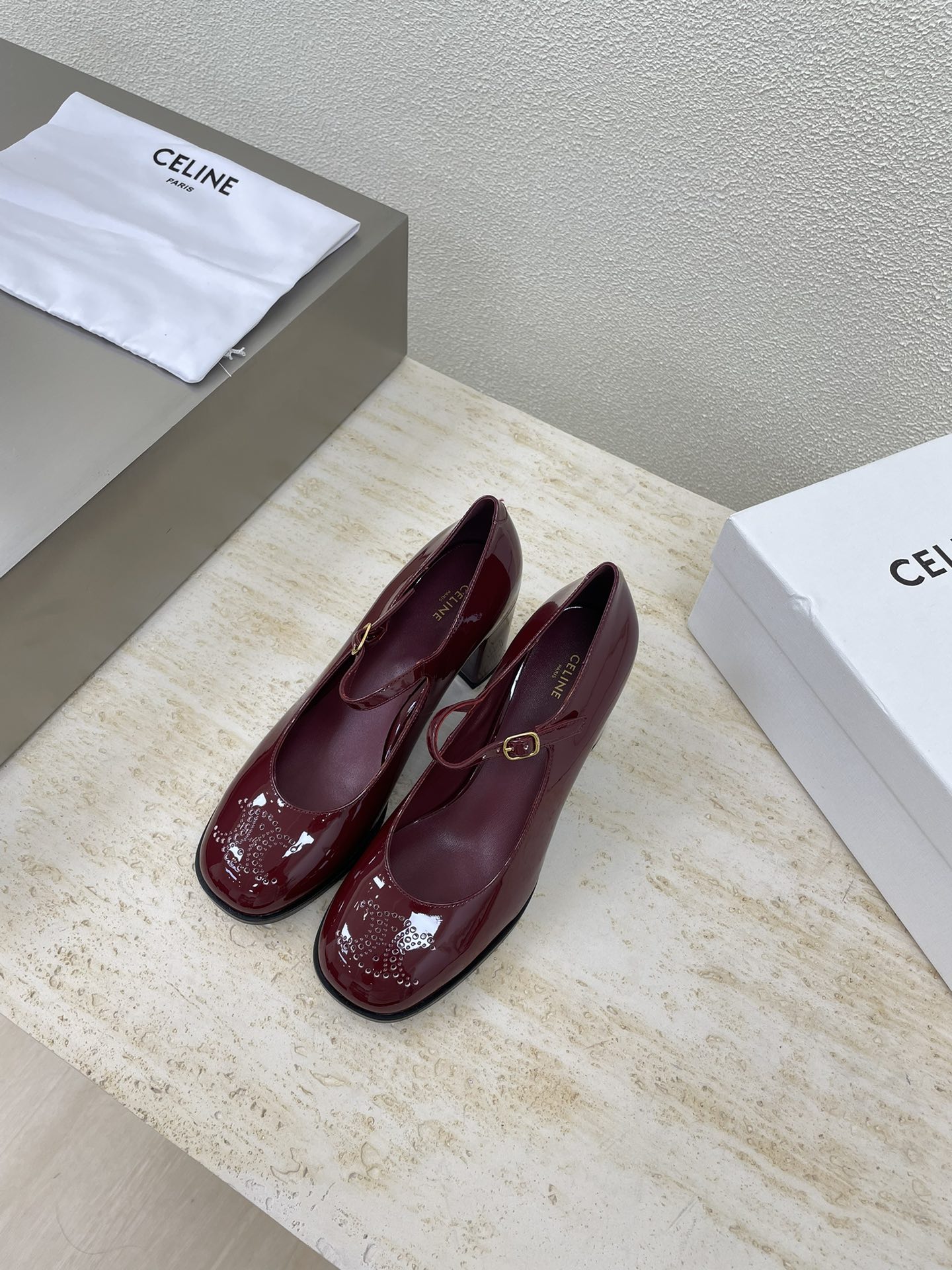 Celine Sandals Single Layer Shoes Burgundy Red Genuine Leather Lambskin Patent Sheepskin Summer Collection