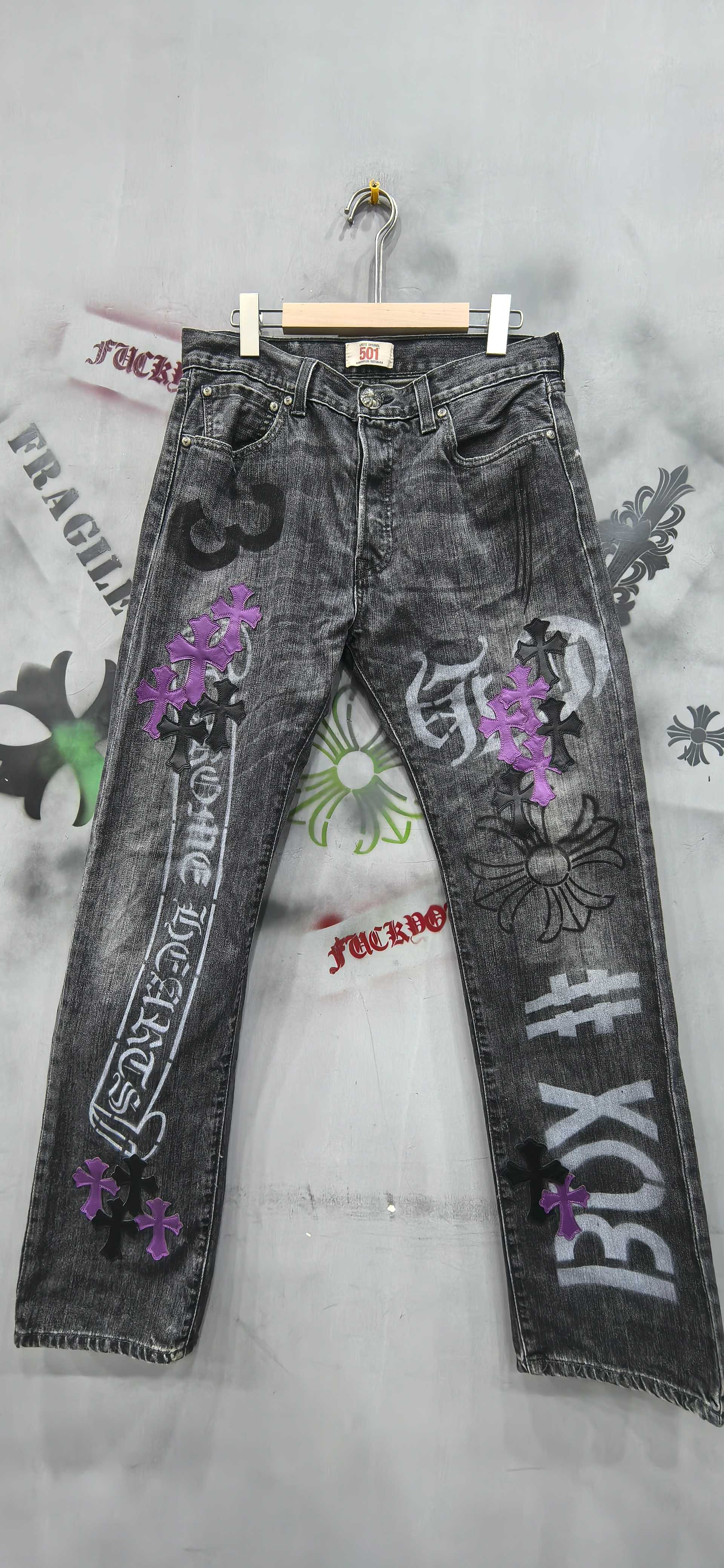 Chrome hearts x Levi's 501 black-gray spray-painted + hand-painted patchwork denim jeans