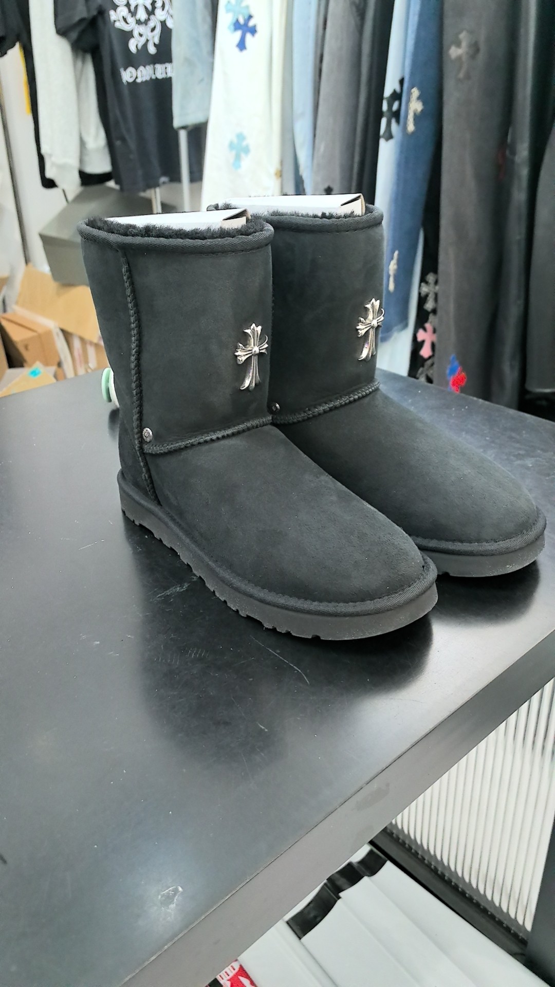 Chrome hearts x UGG black shearling mid-calf snow boots with cross design