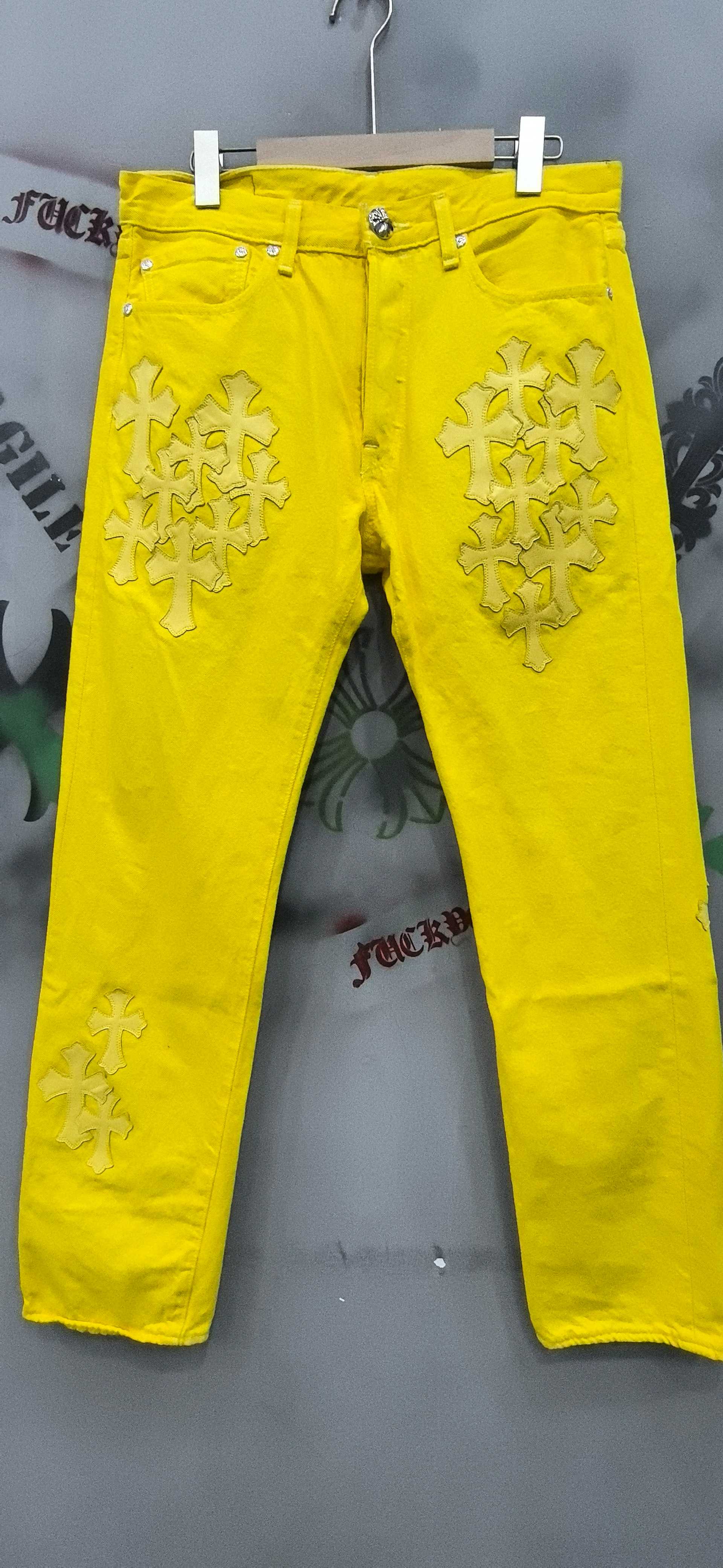 Chrome hearts Levi's Vintage 501 custom-dyed yellow straight-leg cross patch leather jeans