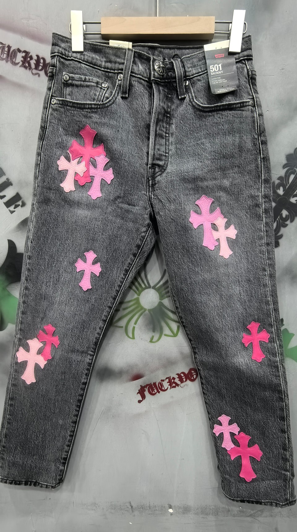 Chrome Hearts x Levi's 501 Black-Gray-Red-Pink Patchwork Denim Jeans