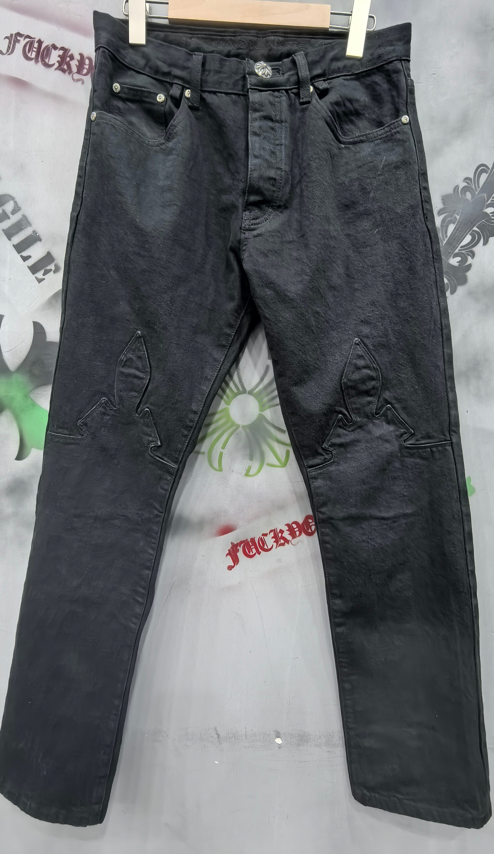 Chrome Hearts Vintage Black Flame Back Zip Jeans
