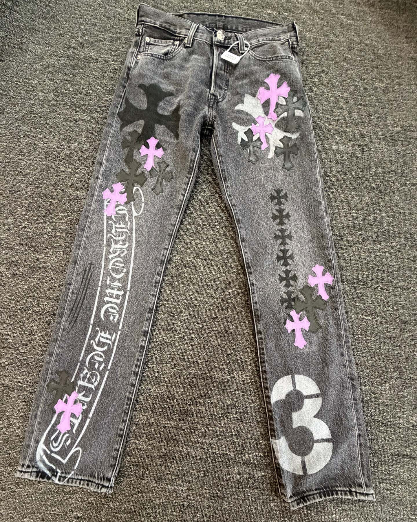Chrome hearts x Levi's 501 black-gray spray-painted + hand-painted patchwork denim jeans