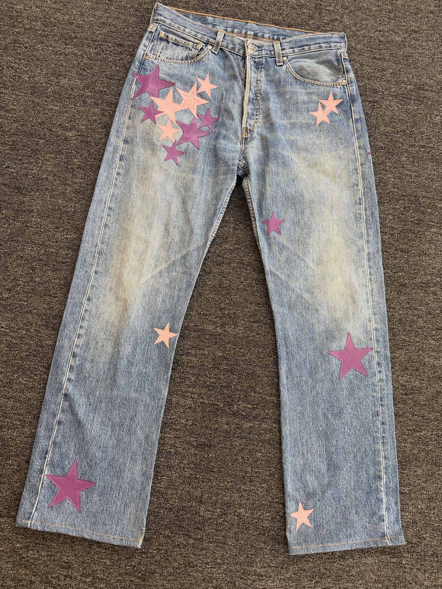 Chrome Hearts x Levi's 501 Blue Jeans with Red and Pink Star Patchwork Leather