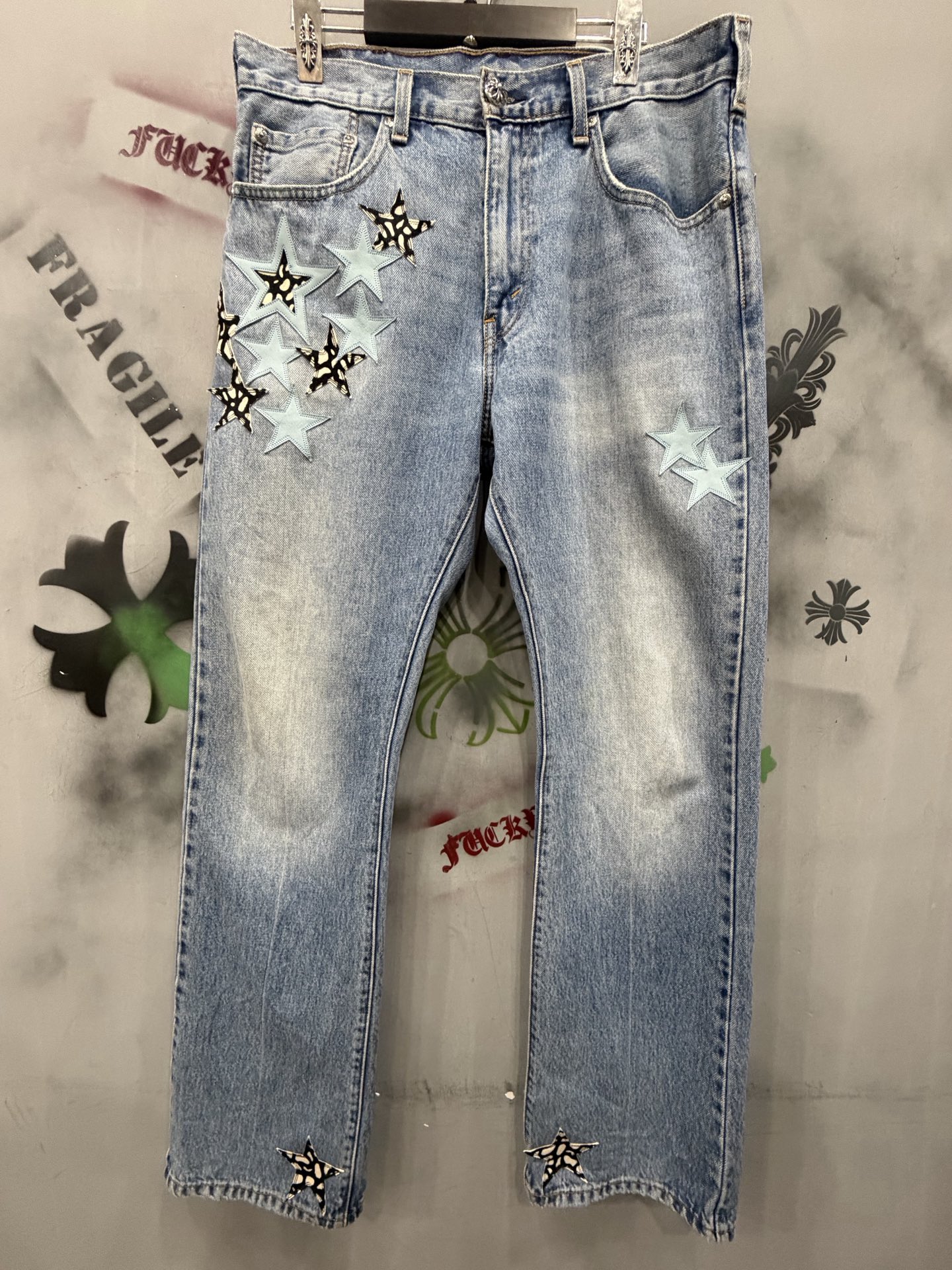 Chrome Hearts x Levi's 501 Blue Star Light Blue + Polka Dot Horsehair Patchwork Denim Jeans