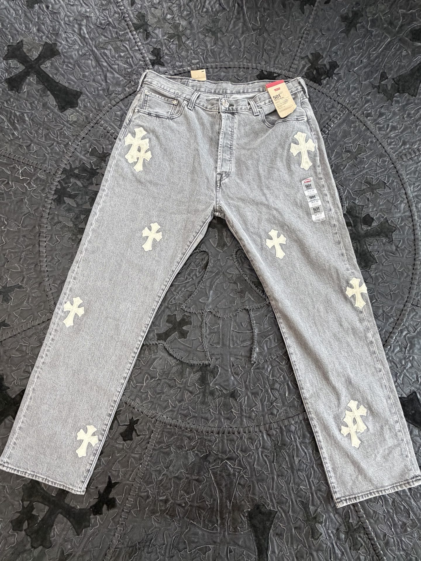 Chrome Hearts x Levi's 501 Light Gray + Gray Horsehair Patchwork Jeans