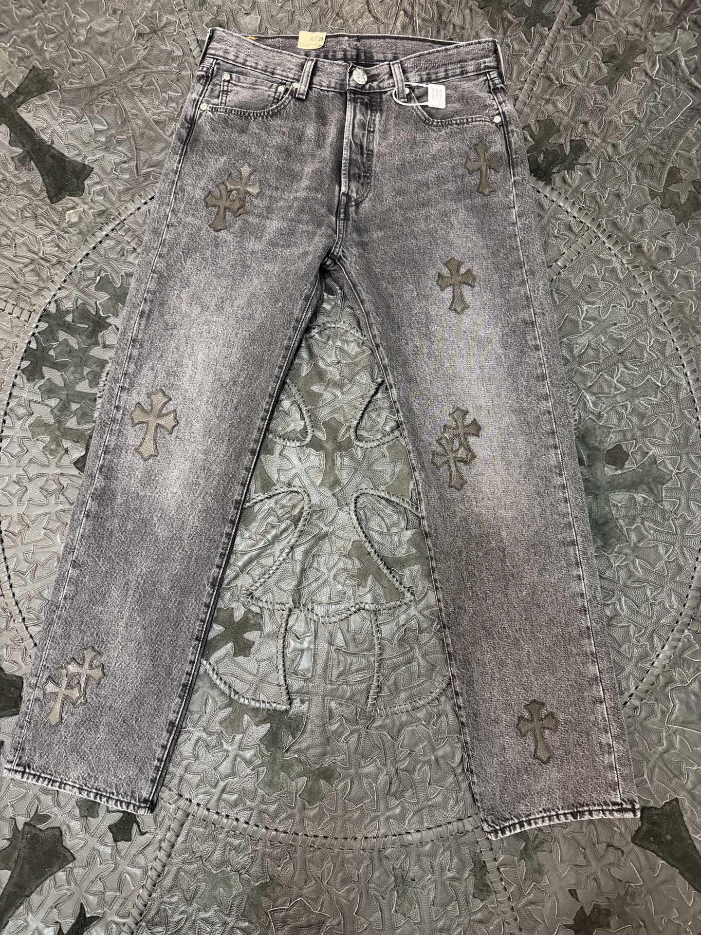 Chrome Hearts x Levi's 501 Black-Gray Patchwork Black Leather Jeans
