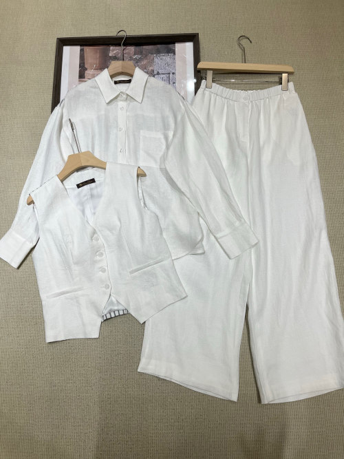 Elegant Linen Blend Women's 3-Piece Set - Vest, Shirt, Wide Leg Pants 1 Elegant Linen Blend Women's 3-Piece Set - Vest, Shirt, Wide Leg Pants