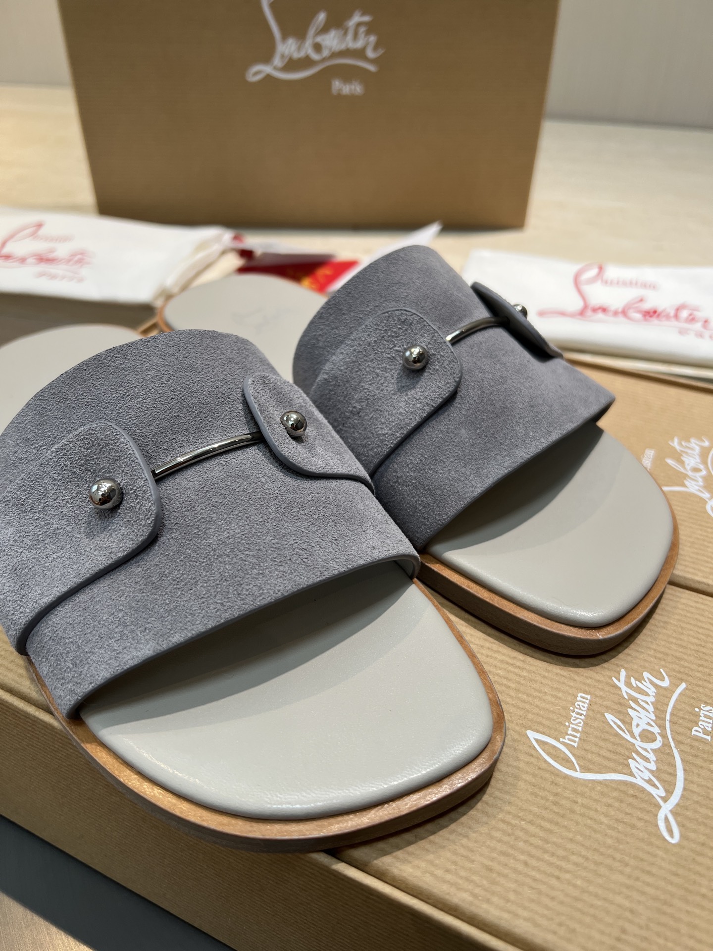 Christian Louboutin Women's Grey Suede Leather Slide Sandals - Size 39-44 4 i1744727317004 9292 0 1