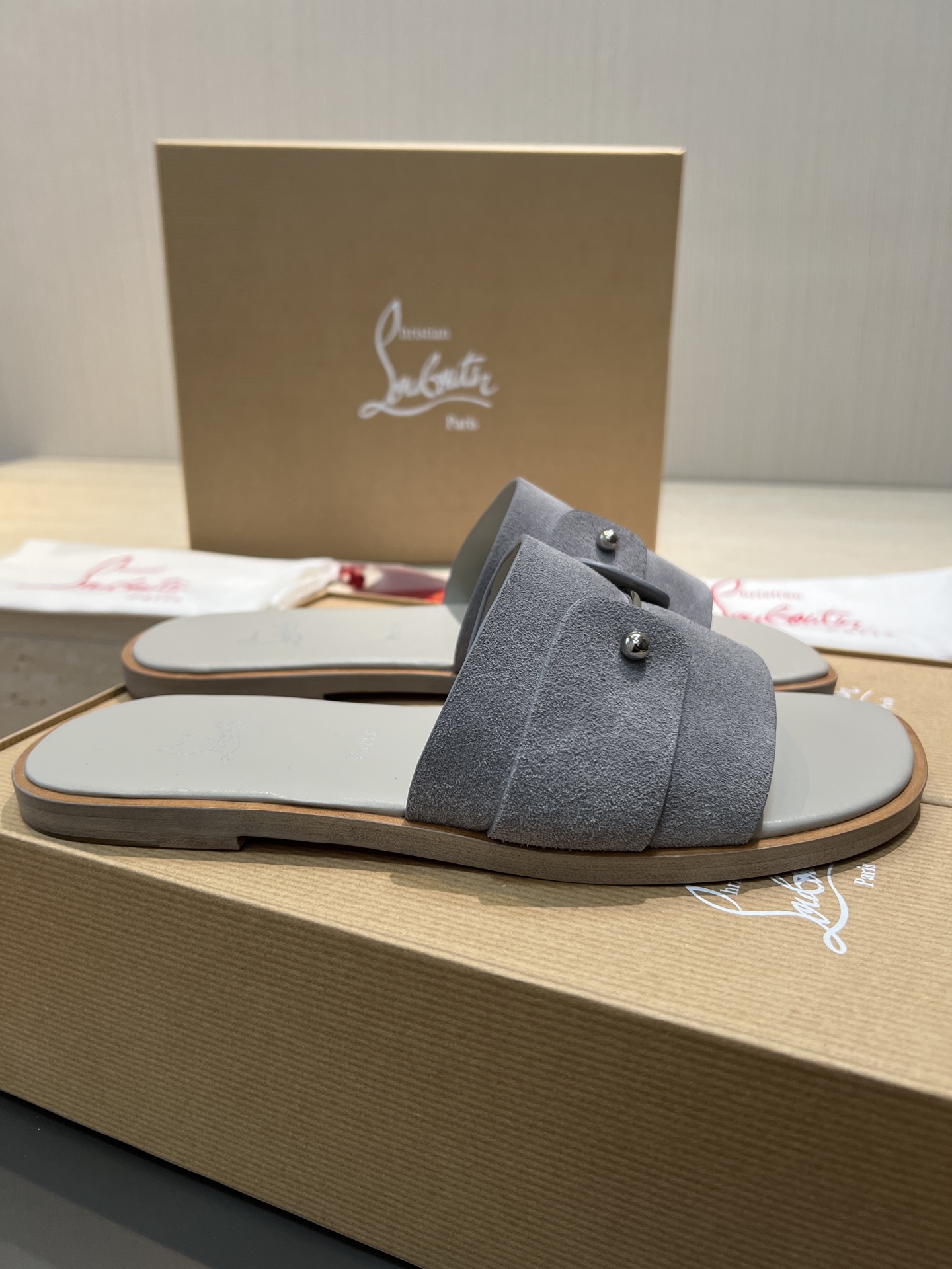Christian Louboutin Women's Grey Suede Leather Slide Sandals - Size 39-44 3 i1744727317049 5181 0 0