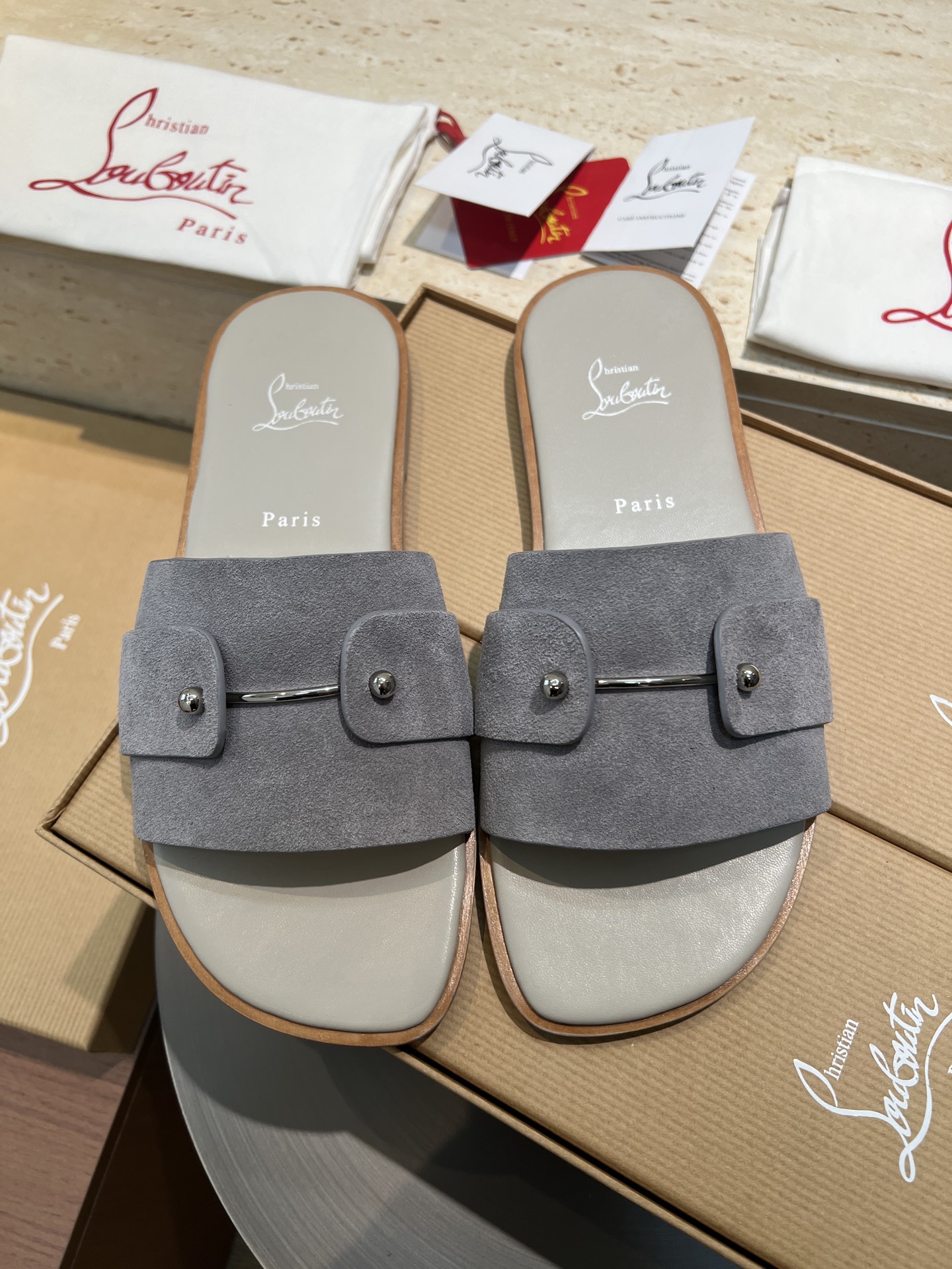 Christian Louboutin Women's Grey Suede Leather Slide Sandals - Size 39-44 1 Christian Louboutin Women's Grey Suede Leather Slide Sandals - Size 39-44