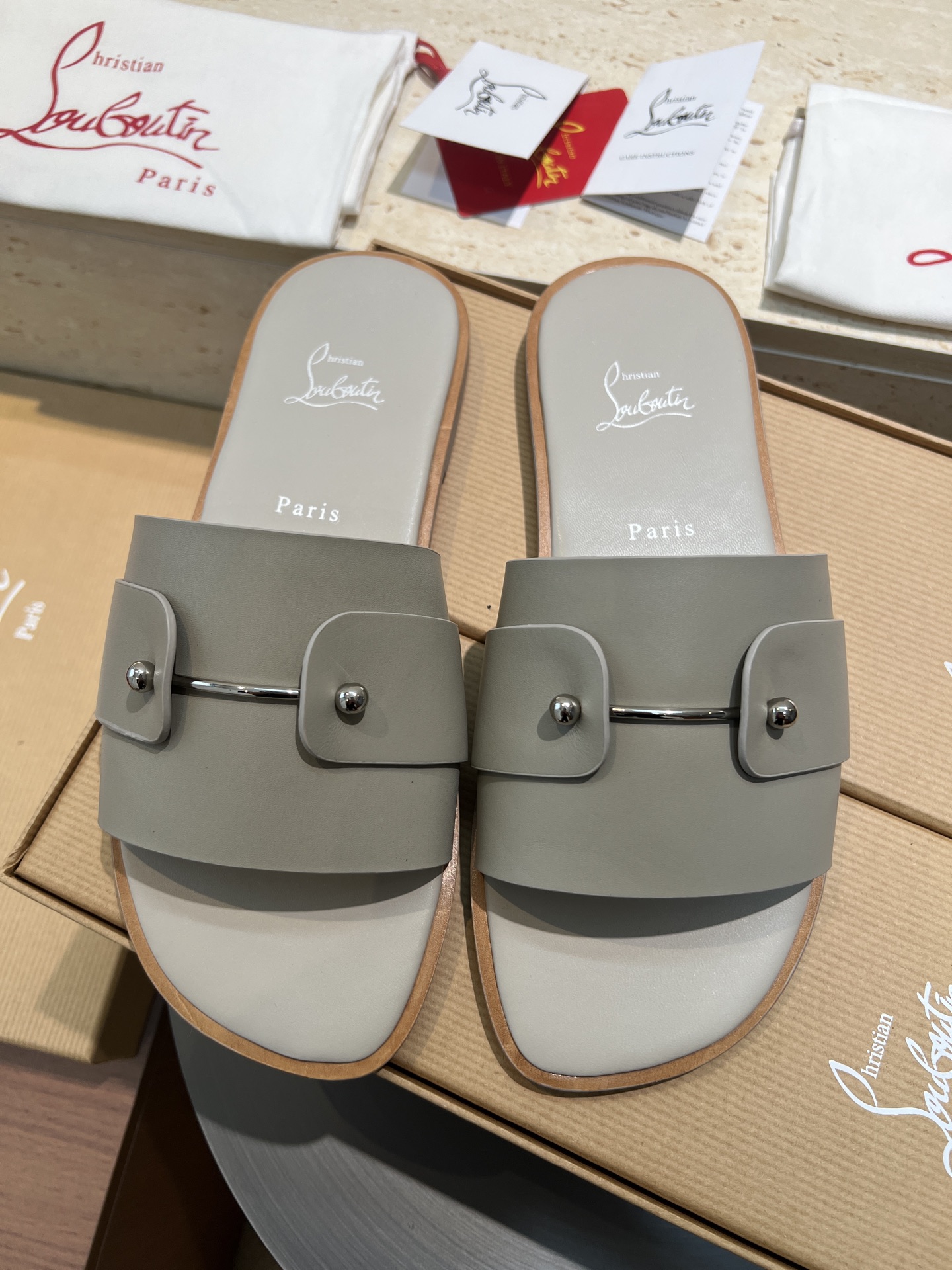 Christian Louboutin Women's Leather Slides Sandals, Beige, Sizes 39-44 1 Christian Louboutin Women's Leather Slides Sandals, Beige, Sizes 39-44
