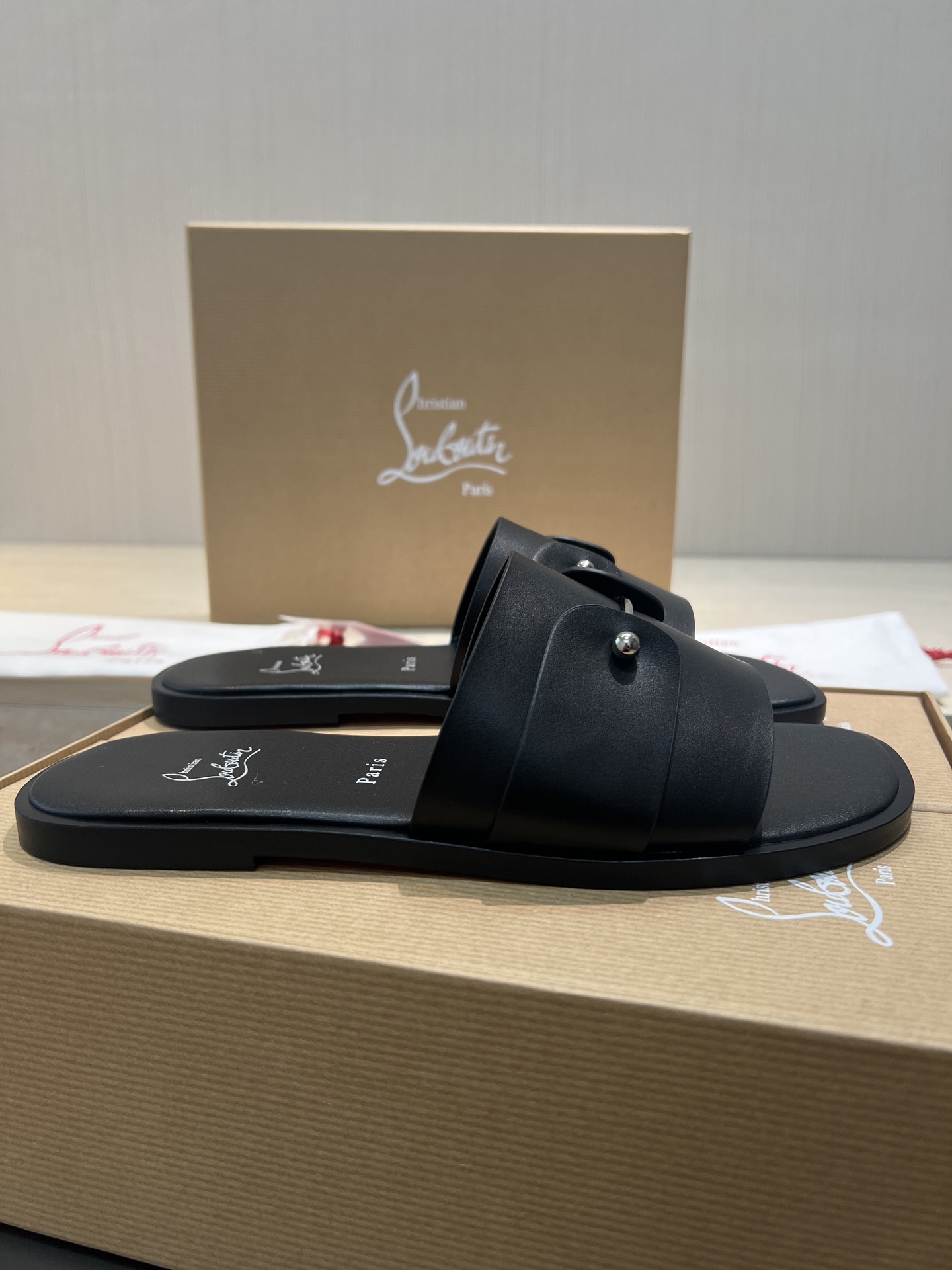 Christian Louboutin Men's Black Leather Paris Slides, Sizes 39-44 4 i1744727527738 9549 0 2