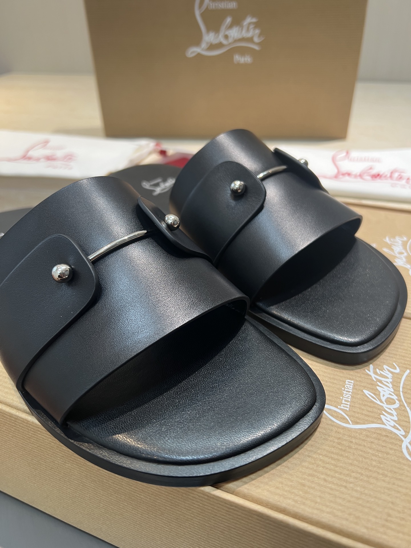Christian Louboutin Men's Black Leather Paris Slides, Sizes 39-44 3 i1744727527740 2965 0 1