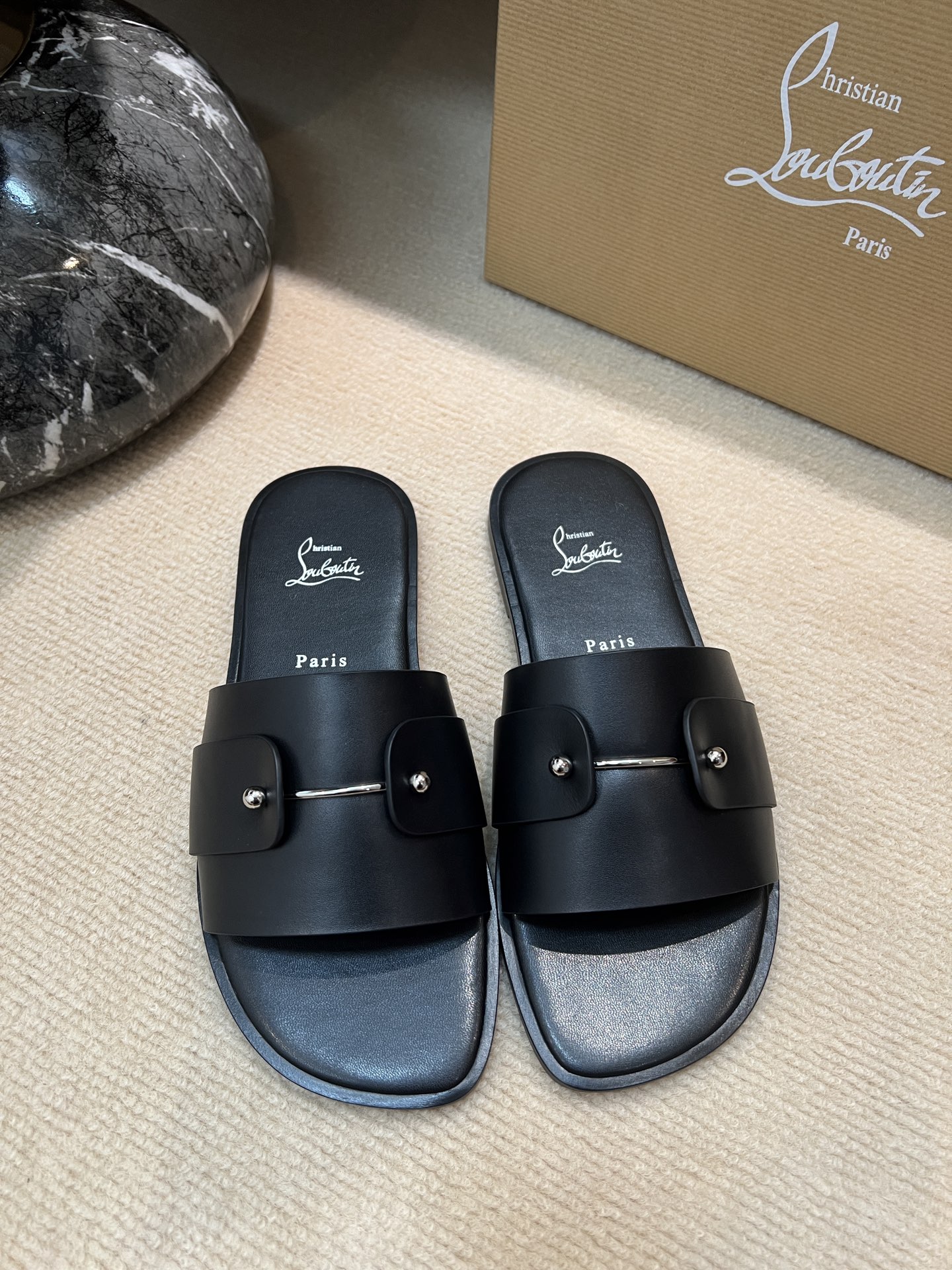 Christian Louboutin Men's Black Leather Paris Slides, Sizes 39-44 6 i1744727527823 5490 0 4