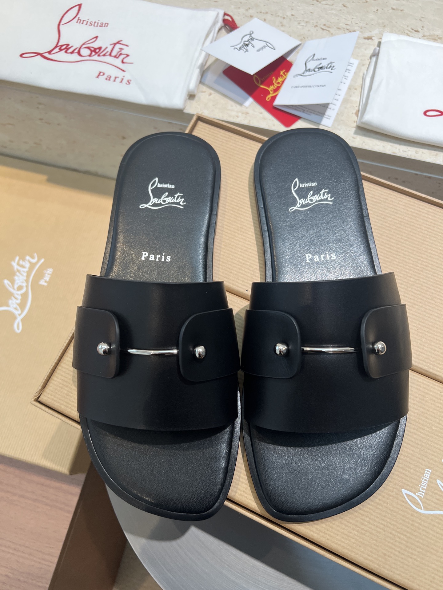 Christian Louboutin Men's Black Leather Paris Slides, Sizes 39-44 2 i1744727529780 8832 0 0