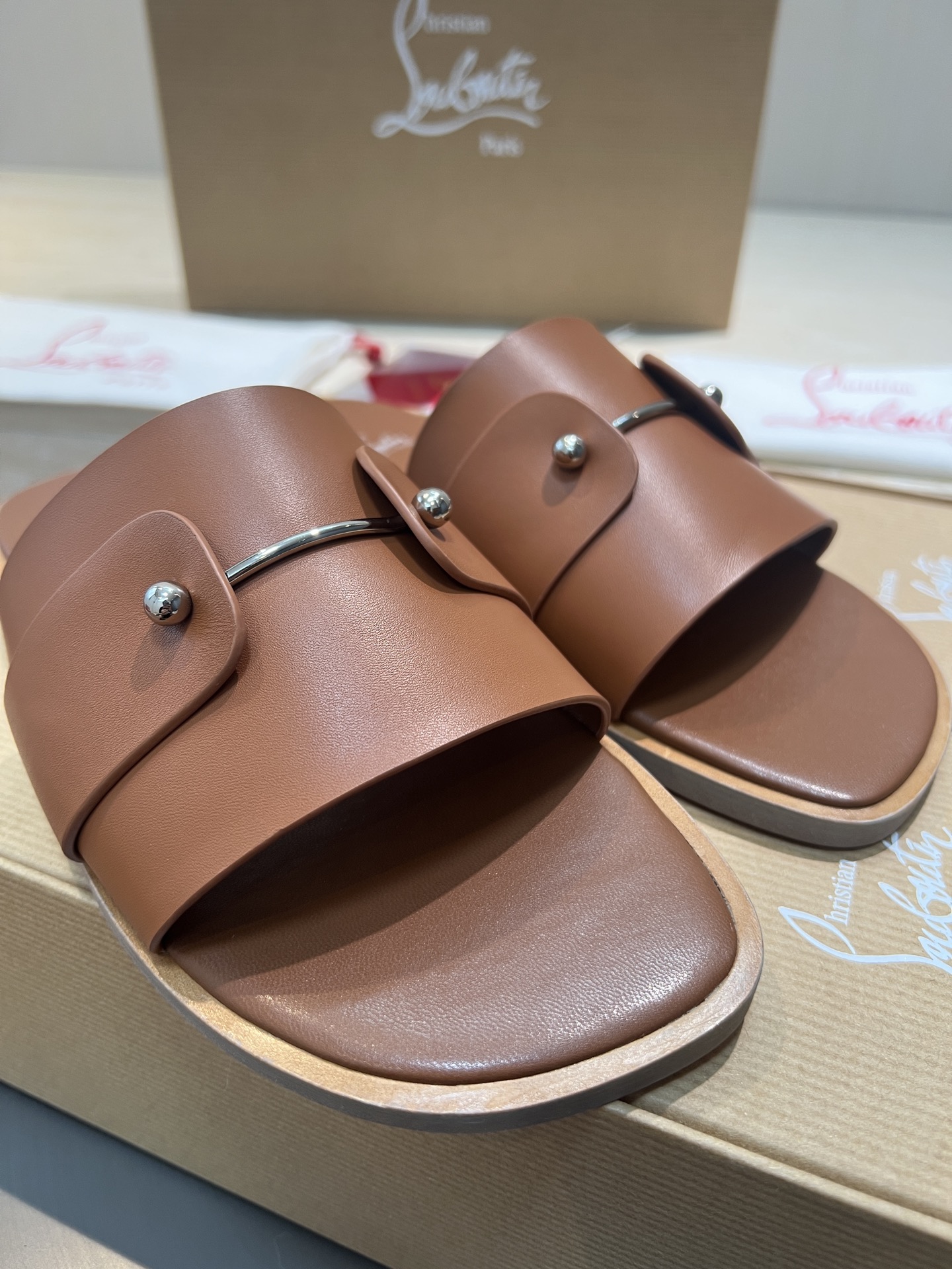 Christian Louboutin Slides in Tan Leather with Silver Hardware, Sizes 39-44 3 i1744727550523 2037 0 1