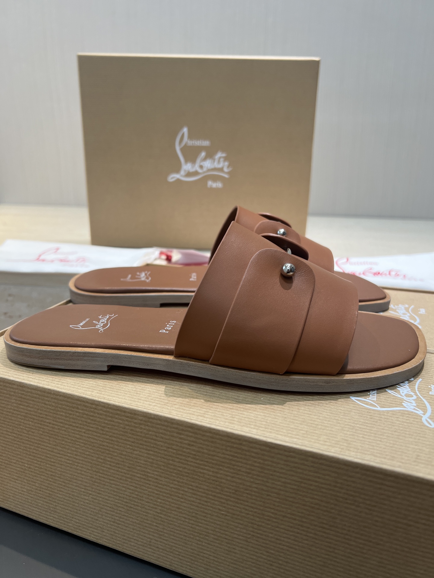 Christian Louboutin Slides in Tan Leather with Silver Hardware, Sizes 39-44 5 i1744727550574 8057 0 3